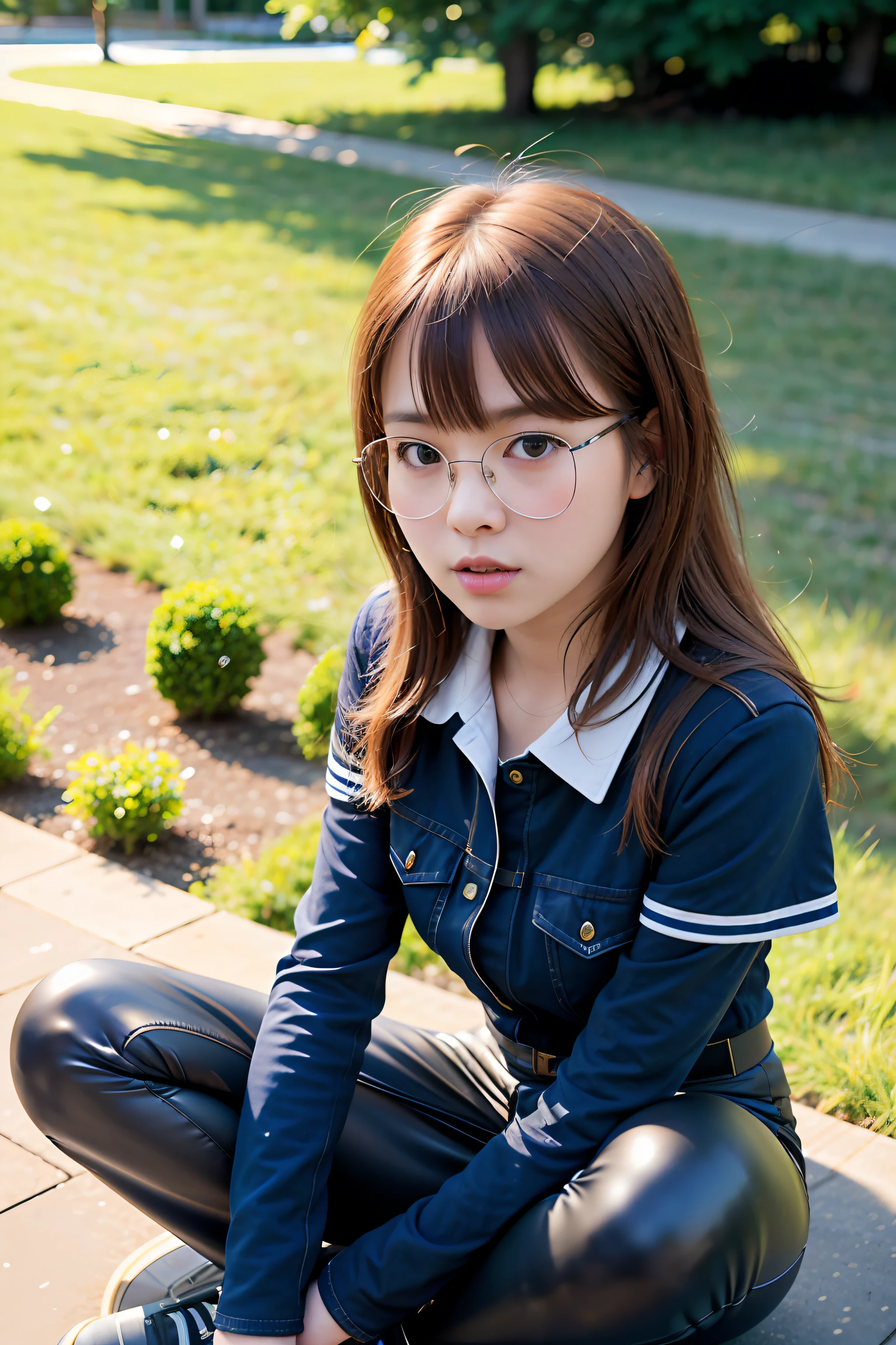 8K, (realistic, photo renderings, DSLR large aperture) short hair beauty, mixed Japanese and Korean, wearing glasses, all, looking up, campus style, leggings, campus