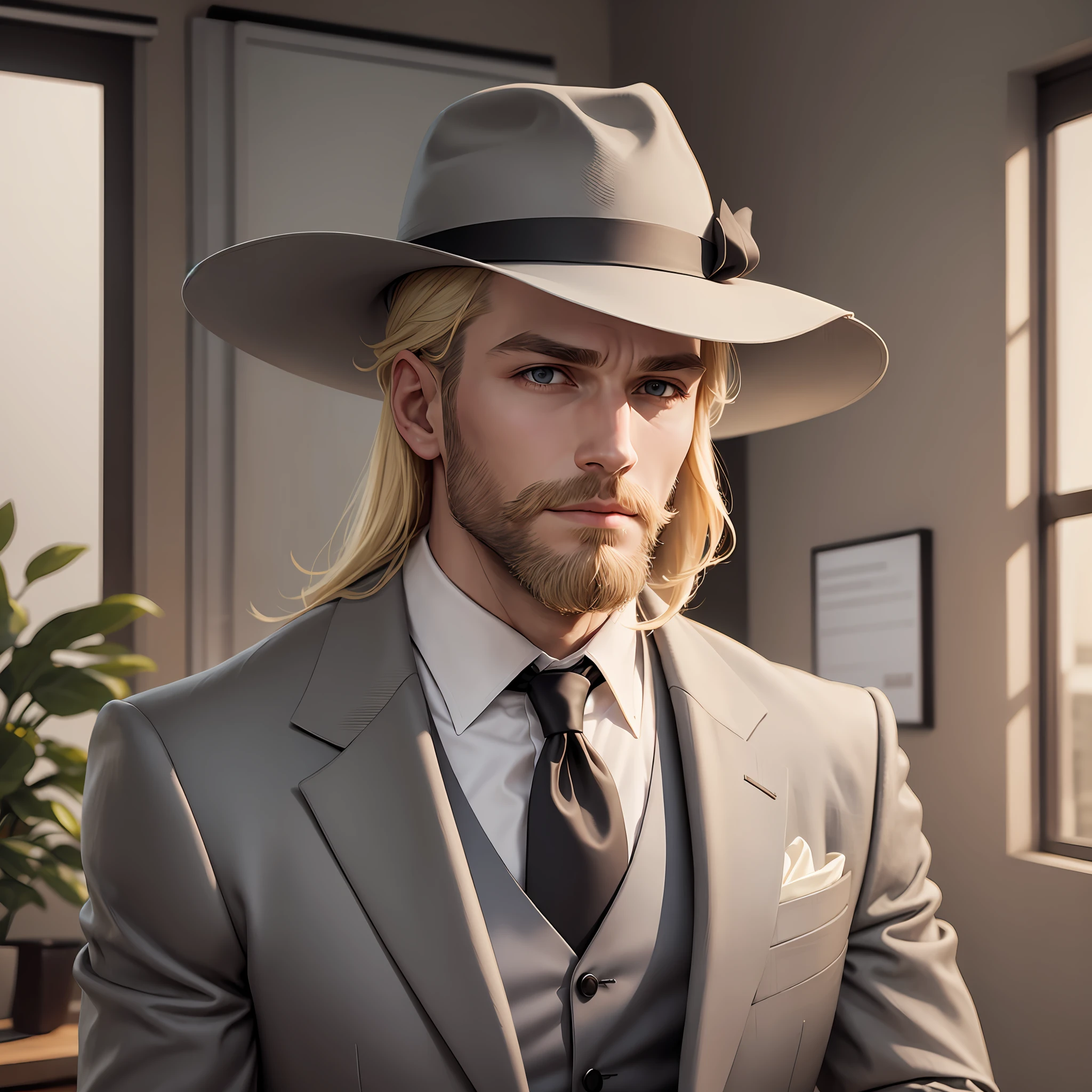 A blonde, elegant man wearing a gray suit, unshaven beards and an elegant hat in an office room --auto --s2
