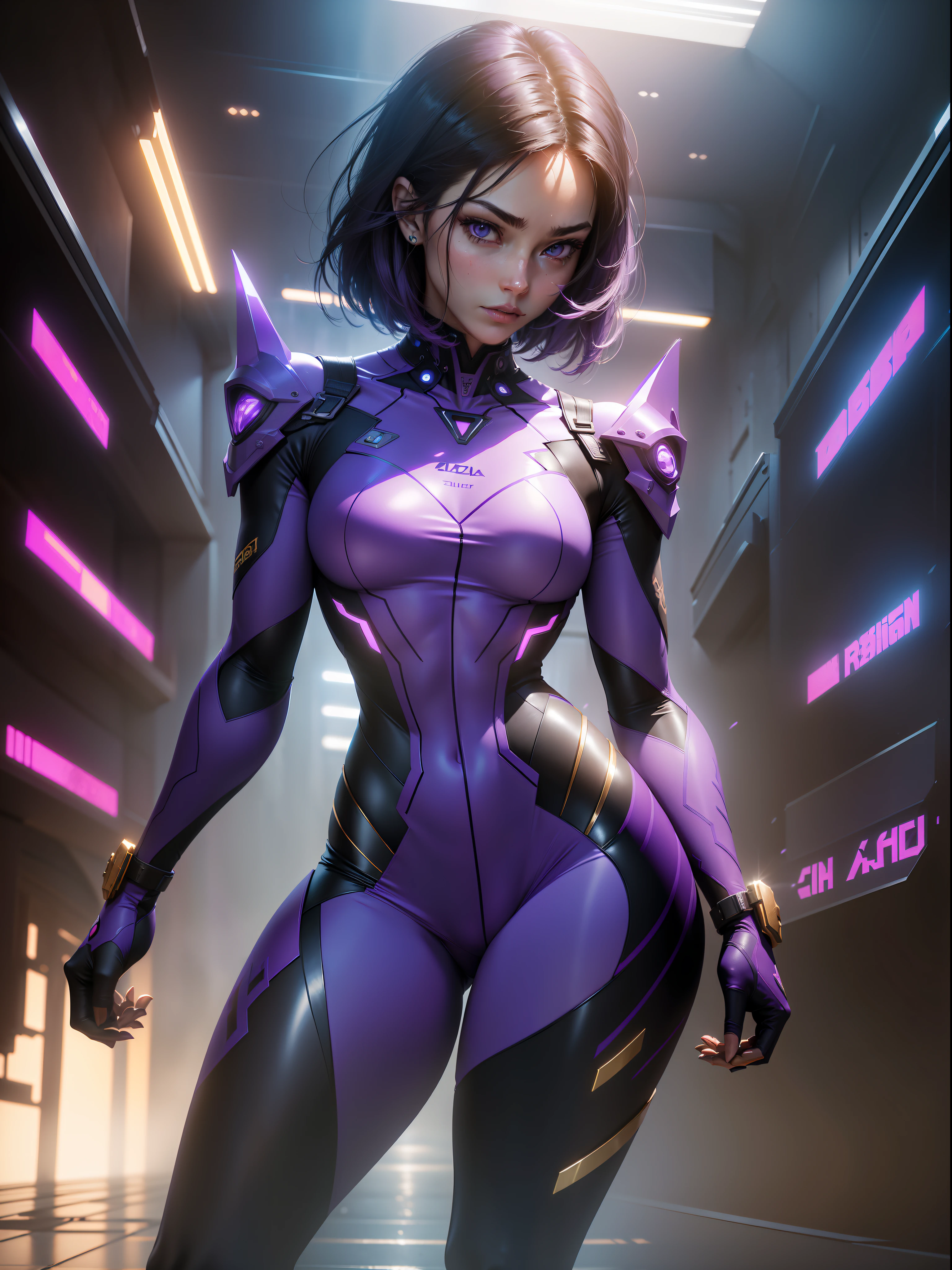((Best quality)), ((masterpiece)), (detailed: 1.4), (Absurd), perfect face, Hot Latin woman fighter pilot ready for war, dark skin, lightning and lightning, muscular sculptural body defined, Wolverine mask, ((((full body))), half-thick bare thighs, closed mouth, muscular body covered in purple technological clothing, Neon Genesis Evangelion style, cyberpunk, generous neckline, ((perfect small breasts)), (lilac eyes), ((totally purple clothing with golden rays)), (((short dark purple straight hair)))), long black eyelashes heavy makeup, garter belt, niji --V5, close to real, psychopath, crazy face, sexy pose, red and white background, 2 pieces clothing, centered, scale to fit dimensions, HDR (High Dynamic Range),Ray Tracing,NVIDIA RTX,Super-Resolution,Unreal 5,Subsurface dispersion, PBR Texture, Post-processing, Anisotropic filtering, Depth of field, Maximum clarity and sharpness, Multilayer textures, Albedo and specular maps, Surface shading, Accurate simulation of light-material interaction, Perfect proportions, Octane Render, Two-tone lighting, Wide aperture, Low ISO, White balance, Rule of thirds, 8K RAW, crysisnanosuit
