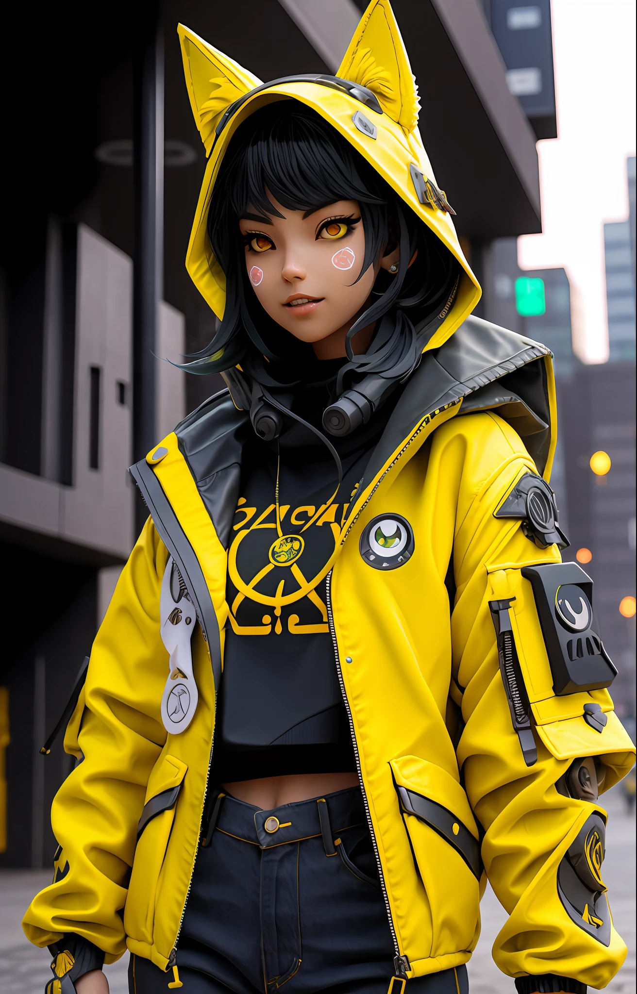 nijilorawolf a nijigirl with wolf - ears wearing green techwear jacket and jeans, warm grin, a huge diamond necklace, big beautiful cobalt ODD eyes, on the streets of a cyberlunk desert city, very detailed, cyberpunk, clean face, with wolf pet