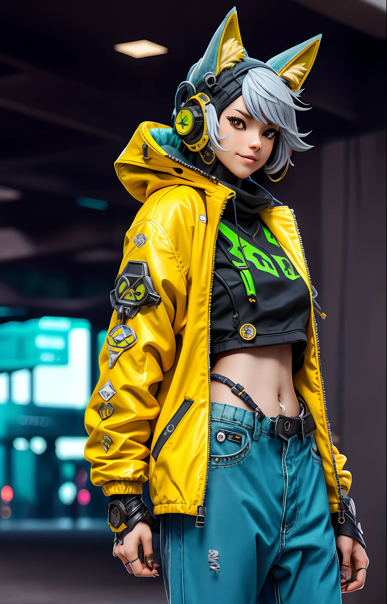 nijilorawolf a nijigirl with wolf - ears wearing green techwear jacket and jeans, warm grin, a huge diamond necklace, big beautiful cobalt ODD eyes, on the streets of a cyberlunk desert city, very detailed, cyberpunk, clean face, with wolf pet