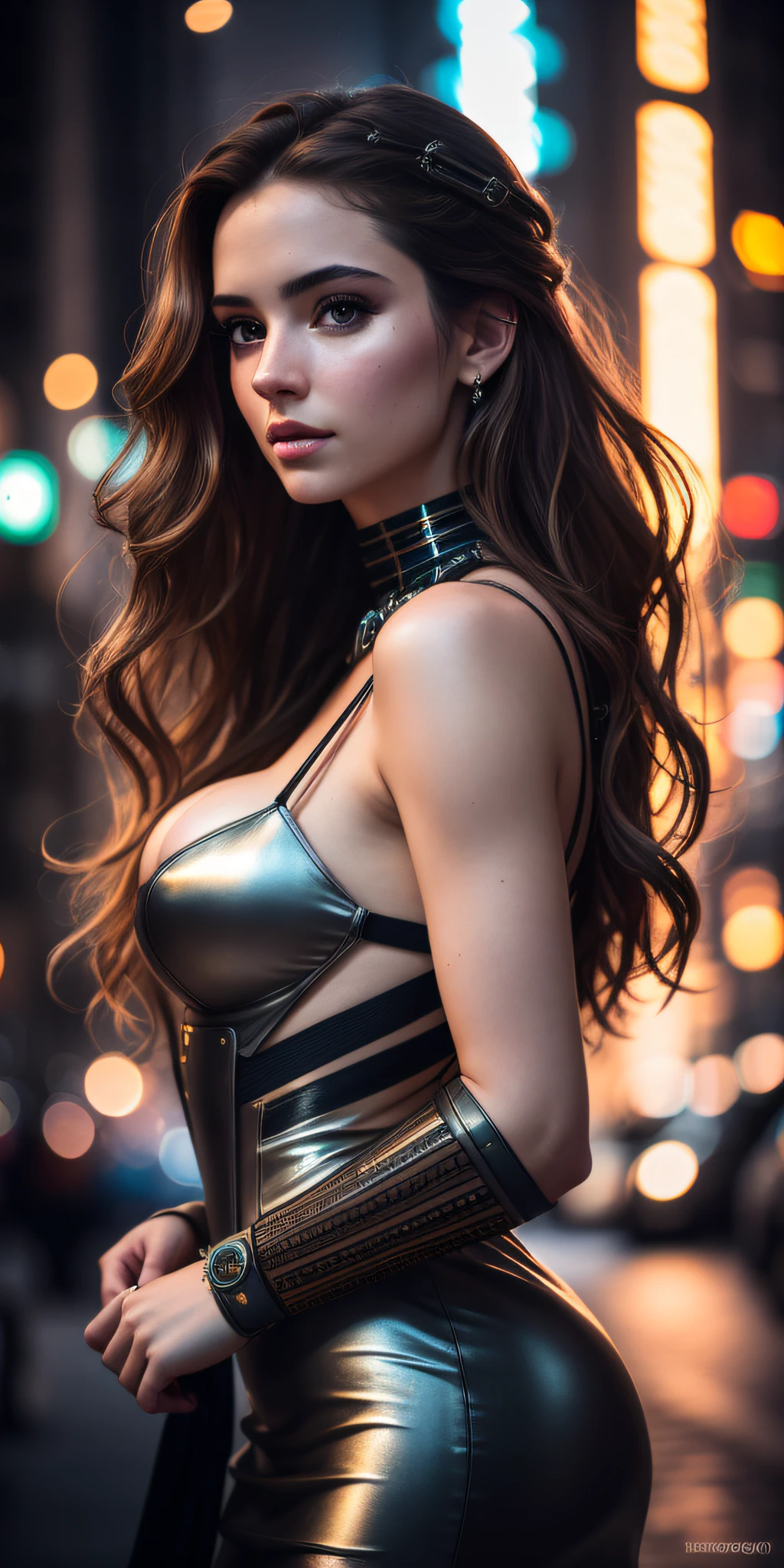 photo of a 25 years old european girl, RAW, beautiful woman, (extra long wavy brown hair), ((portrait)), ((detailed face:1.2)), ((detailed facial features)), (finely detailed skin), pale skin, (high detailed deep cleavage cyberpunk steel dress), cyberpunk megacity environment, (cold colors), damp, moist, reflections, (masterpiece) (perfect proportion)(realistic photo)(best quality) (detailed) photographed on a Canon EOS R5, 50mm lens, F/2.8, HDR, (8k) (wallpaper) (cinematic lighting) (dramatic lighting) (sharp focus) (intricate)