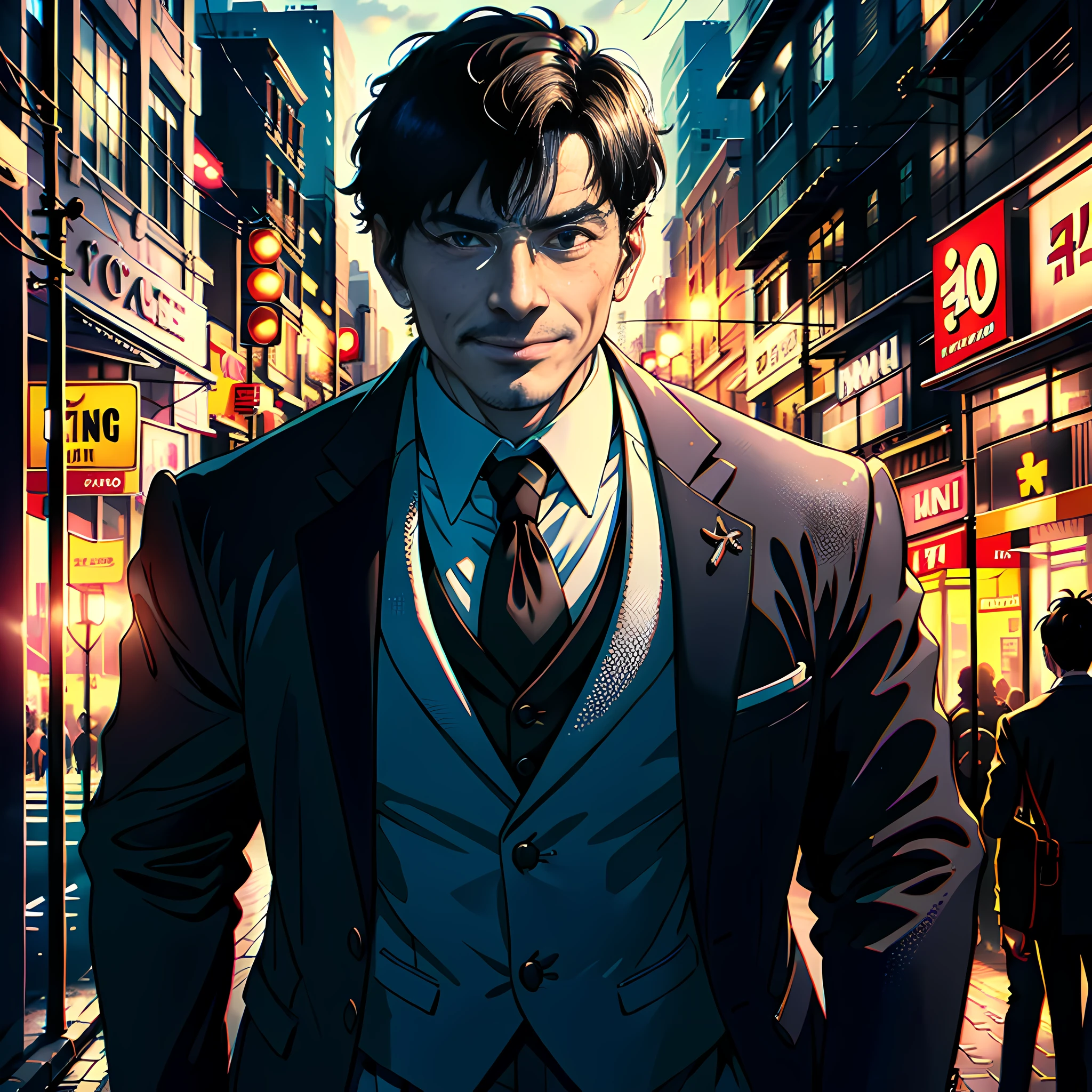 On the street, a middle-aged man with a face super detailed, wearing a suit, short black hair, black eyes, smiling, super high detail, highly detailed, highly real, 4K, chiaroscuro, super detail