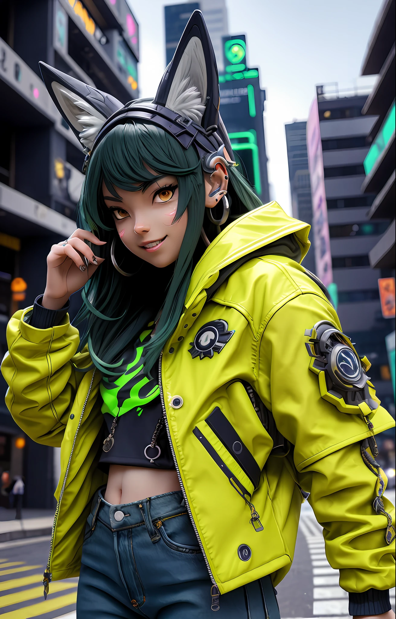 nijilorawolf a nijigirl with wolf - ears wearing green techwear jacket and jeans, warm grin, a huge diamond necklace, big beautiful cobalt ODD eyes, on the streets of a cyberlunk desert city, very detailed, cyberpunk, clean face, with wolf pet
