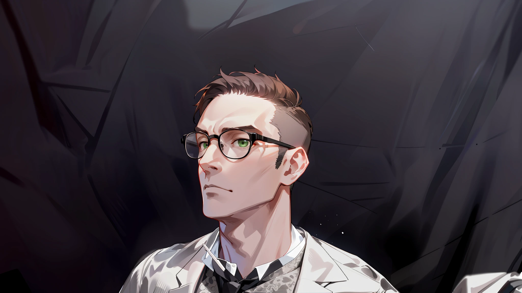 1 man, 35-year-old,(black bristle), wearing glasses,dresses in a formal and restrained style, a black jacket,white shirt, a professional look,dark brown hair, short hairstyle, green eyes, tired look, closeup face, profile picture,