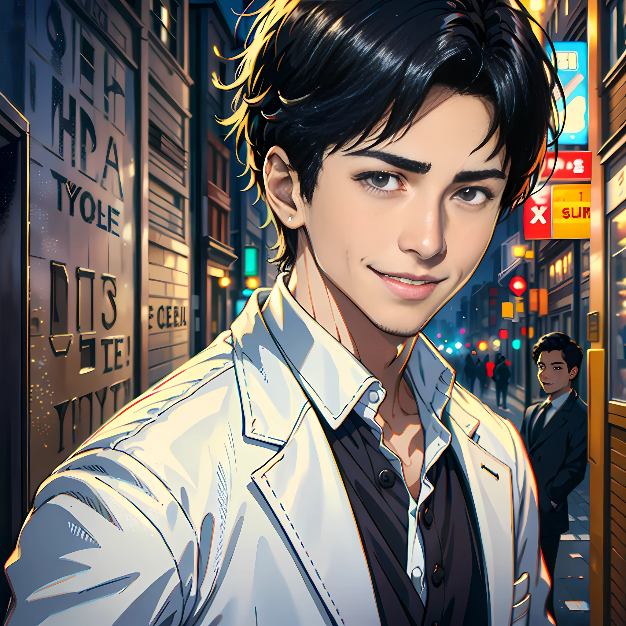 On the street, a handsome boy with a smile, white sports coat, short black hair, super high detail, high real, 4K, chiaroscuro, super detail