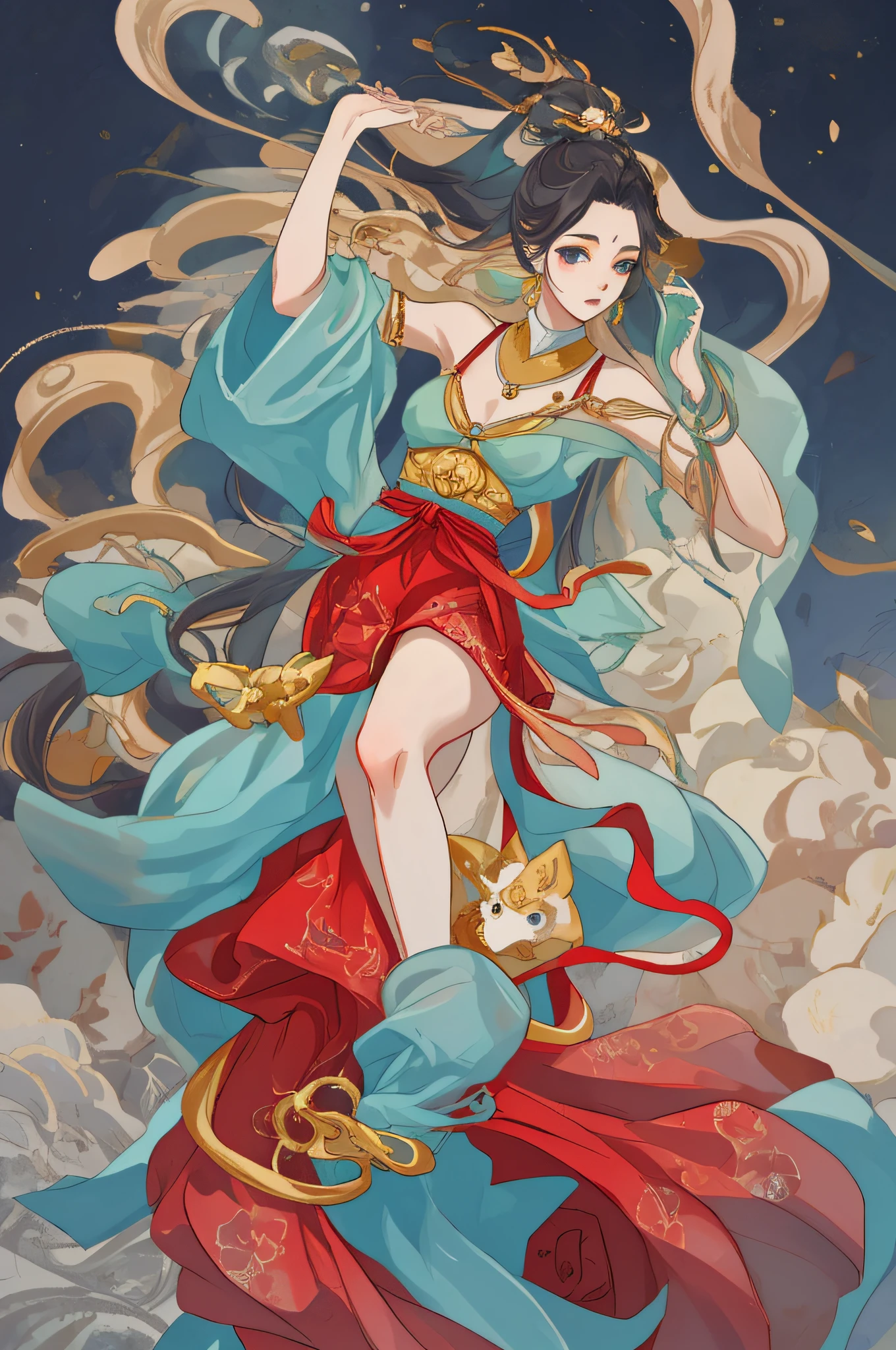 A beautiful girl in ancient China, mysterious temperament, gorgeous long dress, huge pomegranate tree, pomegranate flowers, standing under the tree, sunlight, clear face, masterpiece, super detailed, epic composition, high quality, highest quality , 4k --v 6