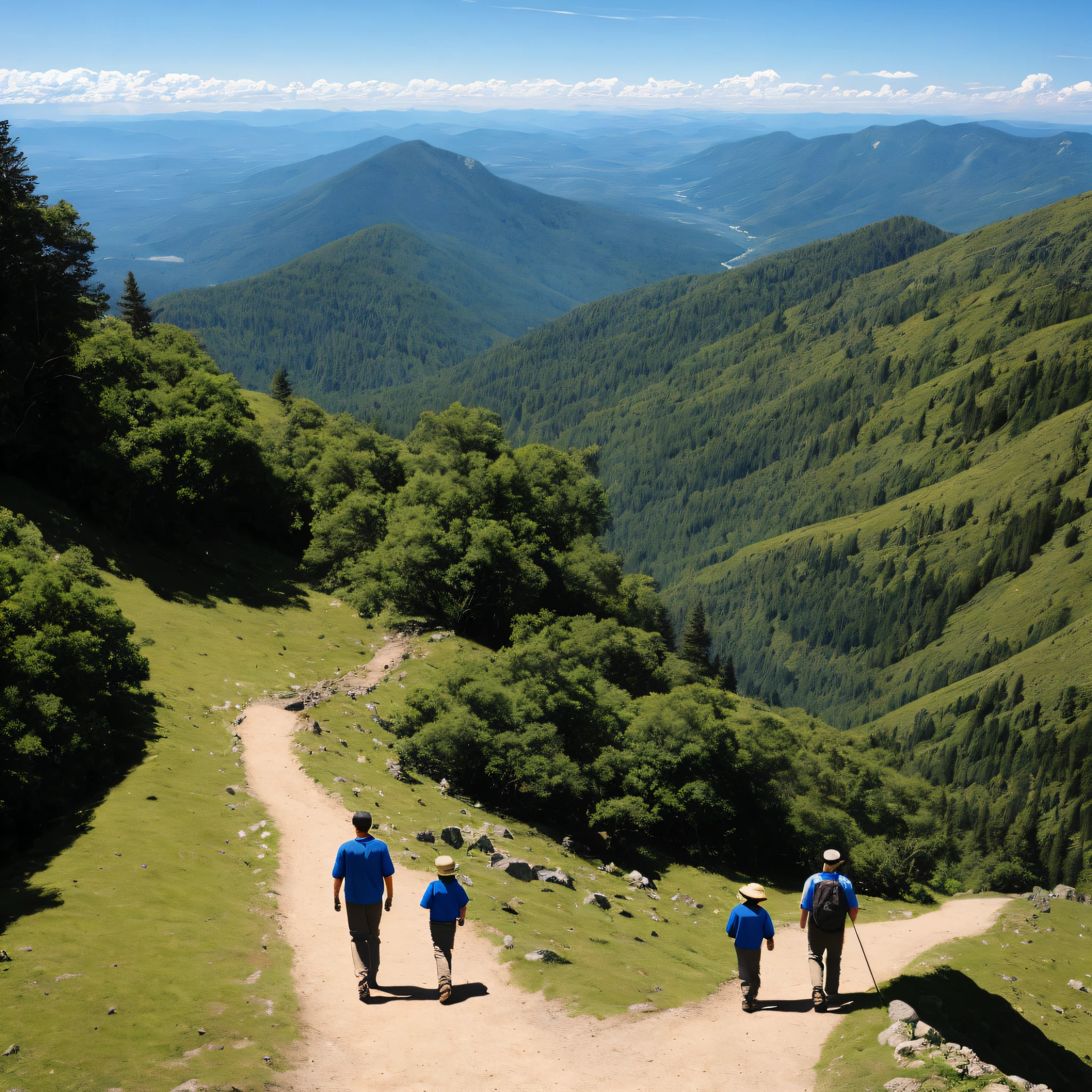 the top of a mountain, a man and his son, walking