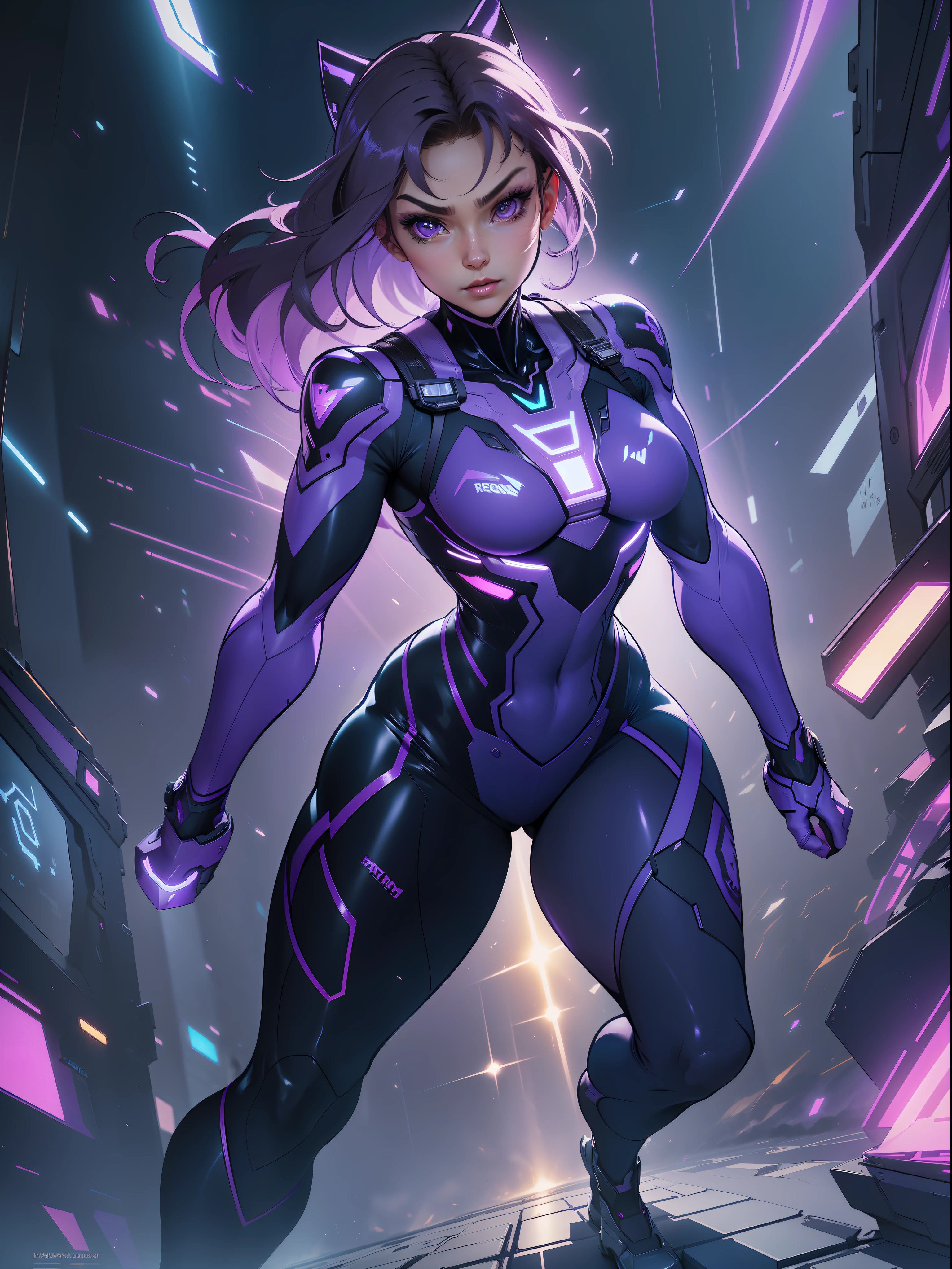 ((Best quality)), ((masterpiece)), (detailed: 1.4), (Absurd), paper, colorful line art, perfect face, Hot Latin woman fighter pilot ready for war, dark skin, lightning and lightning, defined muscular sculptural body, Wolverine mask, (((full body))), bare half-thick thighs, closed mouth, muscular body covered in purple tech clothing, Neon Genesis Evangelion style, cyberpunk, generous neckline, ((perfect small breasts)),  (lilac eyes), ((totally purple clothing with golden rays)), (((short dark purple straight hair)))), long black eyelashes heavy makeup, garter belt, niji --V5, close to real, psychopathic, crazy face, sexy pose, red and white background, 2 pieces clothing, centered, scale to fit dimensions, HDR (High Dynamic Range),Ray Tracing,NVIDIA RTX,Super-Resolution,Unreal 5, Subsurface Dispersion, PBR Texture, Post-processing, Anisotropic Filtering, Depth of Field, Maximum Clarity and Sharpness, Multilayer Textures, Albedo and Specular Maps, Surface Shading, Accurate Simulation of Light-Material Interaction, Perfect Proportions, Octane Render, Two-Tone Lighting, Wide Aperture, Low ISO, White Balance, Rule of Thirds, 8K RAW, Crysisnanosuit