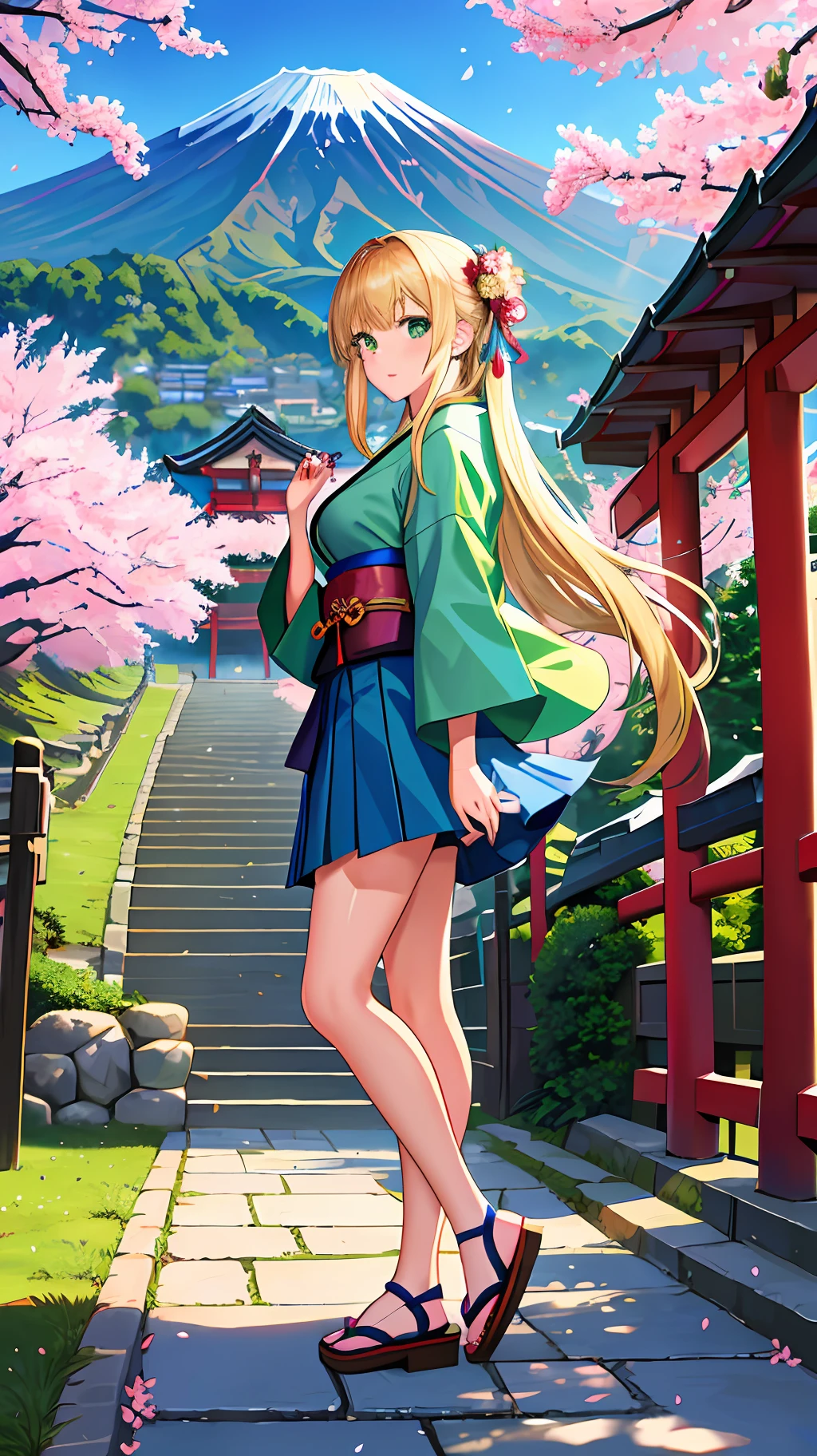 ((masterpiece, best quality, high resolution, super resolution, super detailed, ultra detailed, rich background)), 1girl, solo, green eyes, blonde long hair tied with blue ribbon, blunt bangs, highschool girl, medium breast, japanese clothes, blue short kimono, sandals, ribbon, obi, (outdoor), cherry blossom, torii gate, stone staircase, afternoon, cherry blossoms fall, dramatic light, cloudy, fuji scenery