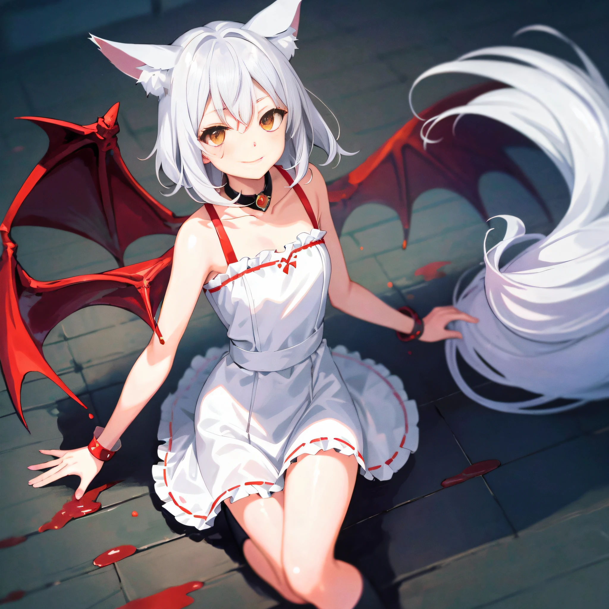 anime girl with white hair and white dress sitting on the ground, vampire white fox, white cat girl, demon anime girl, white - haired fox, anime girl with cat ears, very beautiful anime cat girl, beautiful anime catgirl, cute anime catgirl, by Shitao, neferpitou, splash art anime loli, anime catgirl, white fox anime