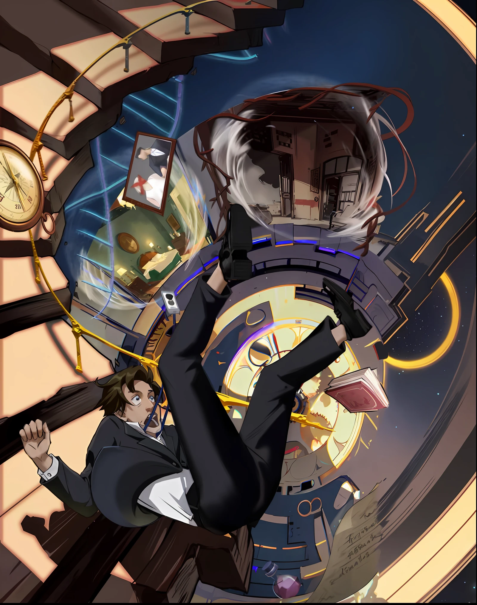 anime man in a suit is flying through the air with a clock, anime key visual concept art of, official anime artwork, anime key art, key visual, screenshot from a 2012s anime, key art anime sharp focus, anime art nouveau cosmic display, promotional art, anime key visual concept, アニメ, anime key visual”