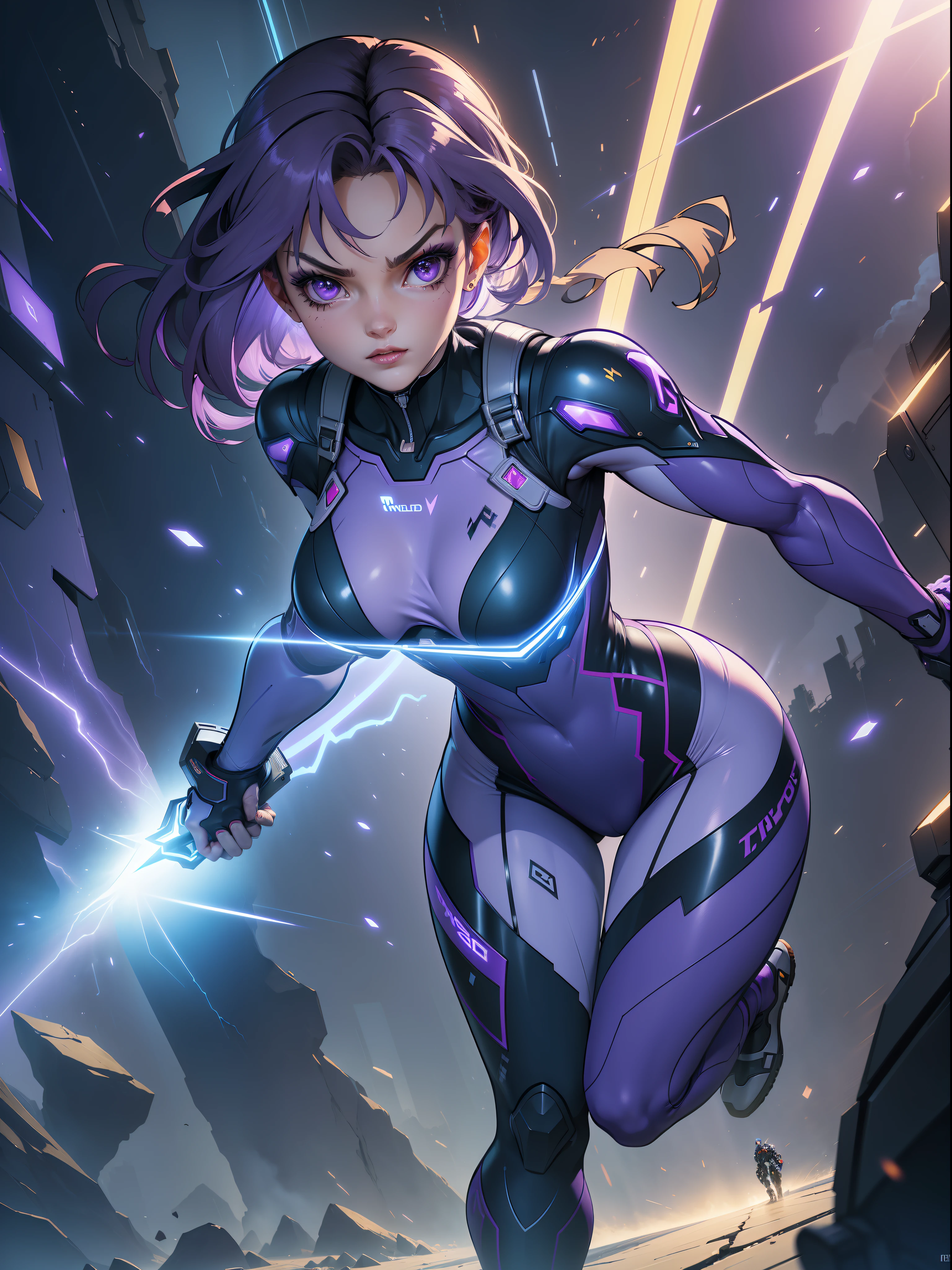((Best quality)), ((masterpiece)), (detailed: 1.4), (Absurd), paper, colorful line art, perfect face, Hot Latin woman fighter pilot ready for war, dark skin, lightning and lightning, defined muscular sculptural body, Wolverine mask, (((full body))), bare half-thick thighs, closed mouth, muscular body covered in purple tech clothing, Neon Genesis Evangelion style, cyberpunk, generous neckline, ((perfect small breasts)), (lilac eyes), ((totally purple clothing with golden rays)), (((short dark purple straight hair)))), long black eyelashes heavy makeup, garter belt, niji --V5, close to real, psychopathic, crazy face, sexy pose, red and white background, 2 pieces clothing, centered, scale to fit dimensions, HDR (High Dynamic Range),Ray Tracing,NVIDIA RTX,Super-Resolution,Unreal 5, Subsurface Dispersion, PBR Texture, Post-processing, Anisotropic Filtering, Depth of Field, Maximum Clarity and Sharpness, Multilayer Textures, Albedo and Specular Maps, Surface Shading, Accurate Simulation of Light-Material Interaction, Perfect Proportions, Octane Render, Two-Tone Lighting, Wide Aperture, Low ISO, White Balance, Rule of Thirds, 8K RAW, Crysisnanosuit