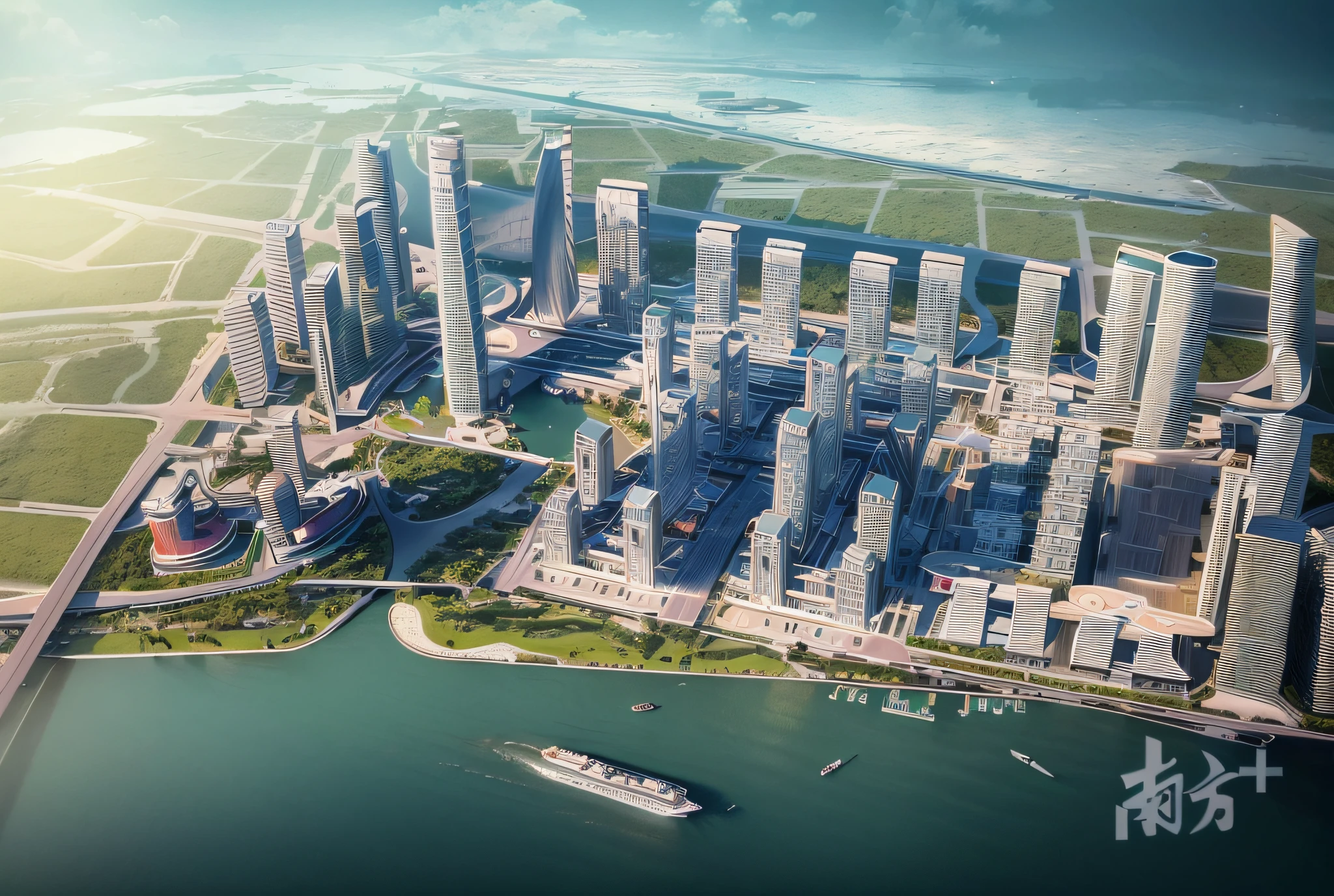 arafly city skyline view, foreground is a river, Guangzhou city, guangzhou, china, skyline display, skyline, from China, trend, 3d model hd rendering, architectural rendering, Unreal Engine rendering, chinese dreamland, spectacular clouds, fantasy clouds. Part looking to the left, Huancheng, Guangzhou Financial City. Chinese architecture,. The bustling tech building is beyond imagination. Inspired by Shinkai's sought-after concept art and masterpieces on PixiV, vision (wide-angle lens), ultra-high resolution (authenticity: 1.4), ultra-high quality, enhanced detail. Extremely detailed CG Unity 8k wallpapers, aesthetics, award-winning photography, realism, high detail, intricacies, art of travel, realistic 3D animation style, landscape concept art, ultra-high resolution (realism: 1.4), aesthetics, focus, high quality, vivid colors, beautiful reflections, crystal clear water, award-winning photography, 3D lighting and beautiful cinematic lighting. Rich in detail.