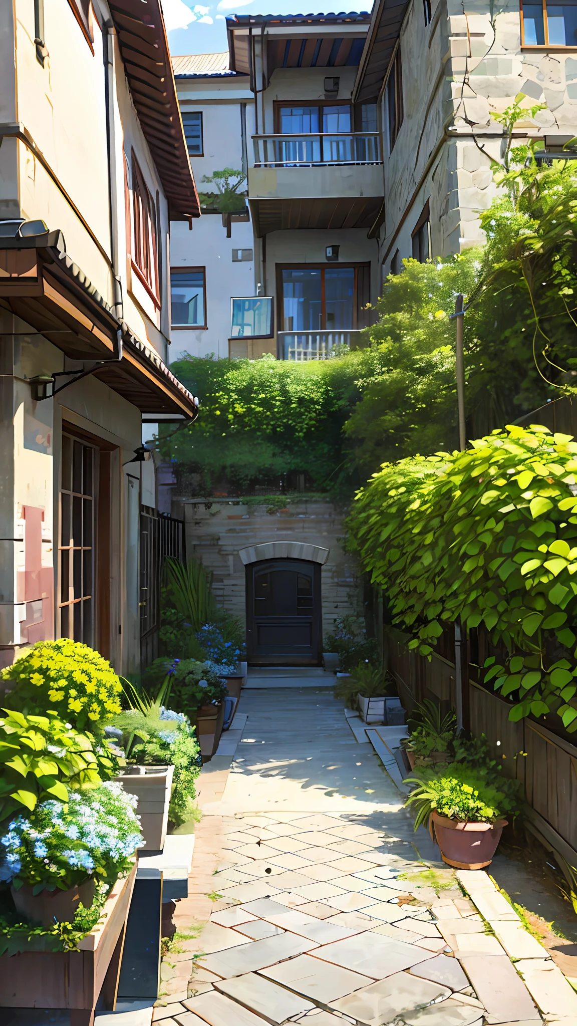 (ultra high res,photorealistic,best quality,photo-realistic),(8k,raw photo,best quality,masterplece),(photon mapping,radiosity,physically-based rendering,automatic white balance),real person,photograph,bridge, building, bush, city, cloud, day, door, fence, field,orest, garden, grass, house, hydrangea, mountain, nature, no_humans, outdoors, path, plant, potted_plant, purple_flower, road, scenery, sky, skyscraper, traditional_media, tree,