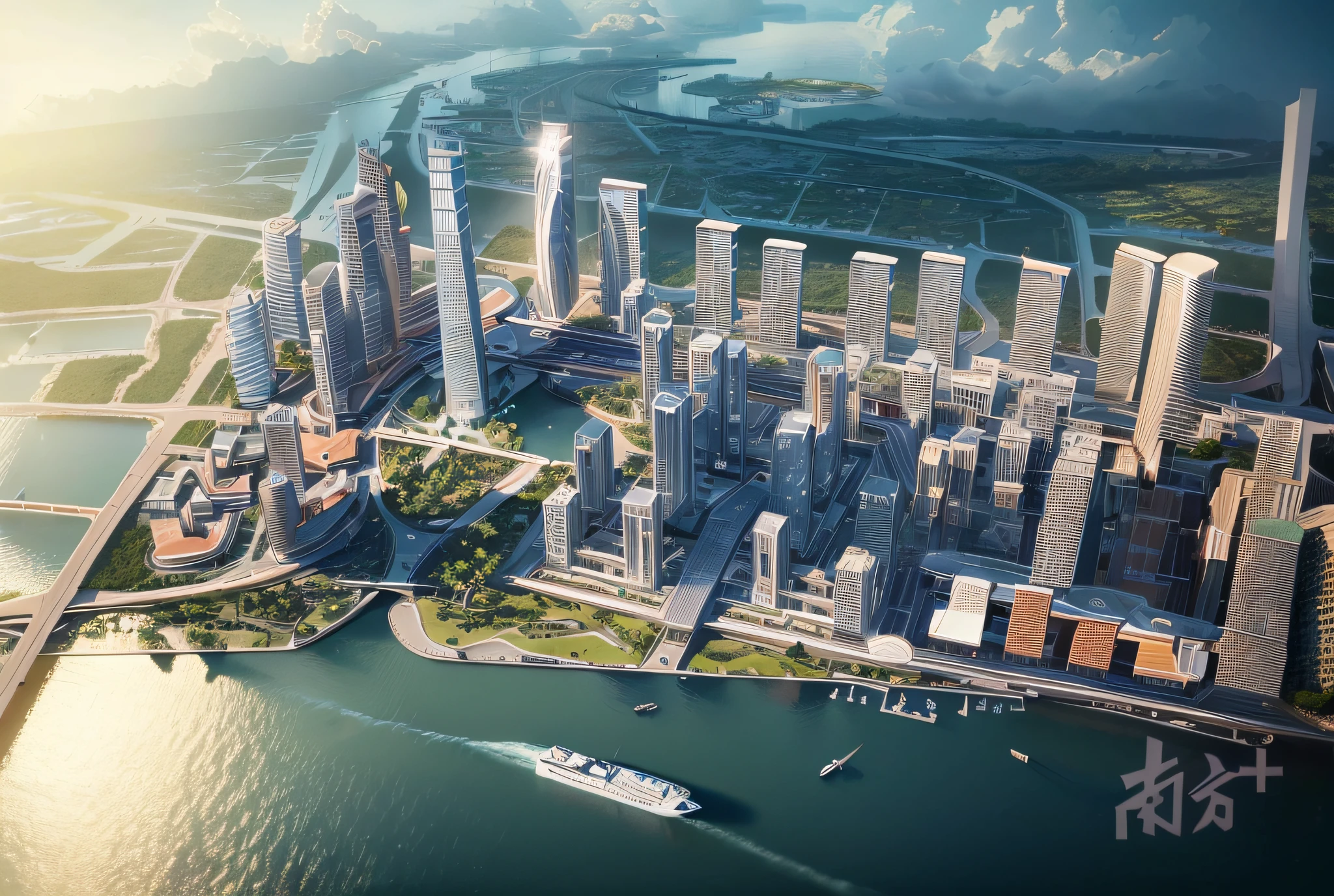 arafly city skyline view, foreground is a river, Guangzhou city, guangzhou, china, skyline display, skyline, from China, trend, 3d model hd rendering, architectural rendering, Unreal Engine rendering, chinese dreamland, spectacular clouds, fantasy clouds. Part looking to the left, Huancheng, Guangzhou Financial City. Chinese architecture,. The bustling tech building is beyond imagination. Inspired by Shinkai's sought-after concept art and masterpieces on PixiV, vision (wide-angle lens), ultra-high resolution (authenticity: 1.4), ultra-high quality, enhanced detail. Extremely detailed CG Unity 8k wallpapers, aesthetics, award-winning photography, realism, high detail, intricacies, art of travel, realistic 3D animation style, landscape concept art, ultra-high resolution (realism: 1.4), aesthetics, focus, high quality, vivid colors, beautiful reflections, crystal clear water, award-winning photography, 3D lighting and beautiful cinematic lighting. Rich in detail.