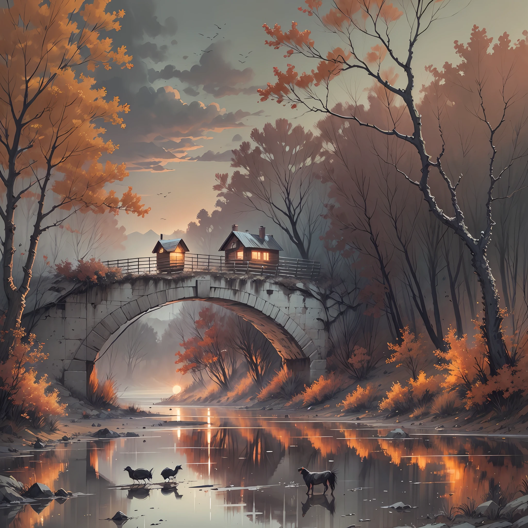 Best quality, autumn, dusk, dead trees, crows, creeks, bridges, cabins, sunsets, sadness, one horse, one person, desolate, sad, lonely