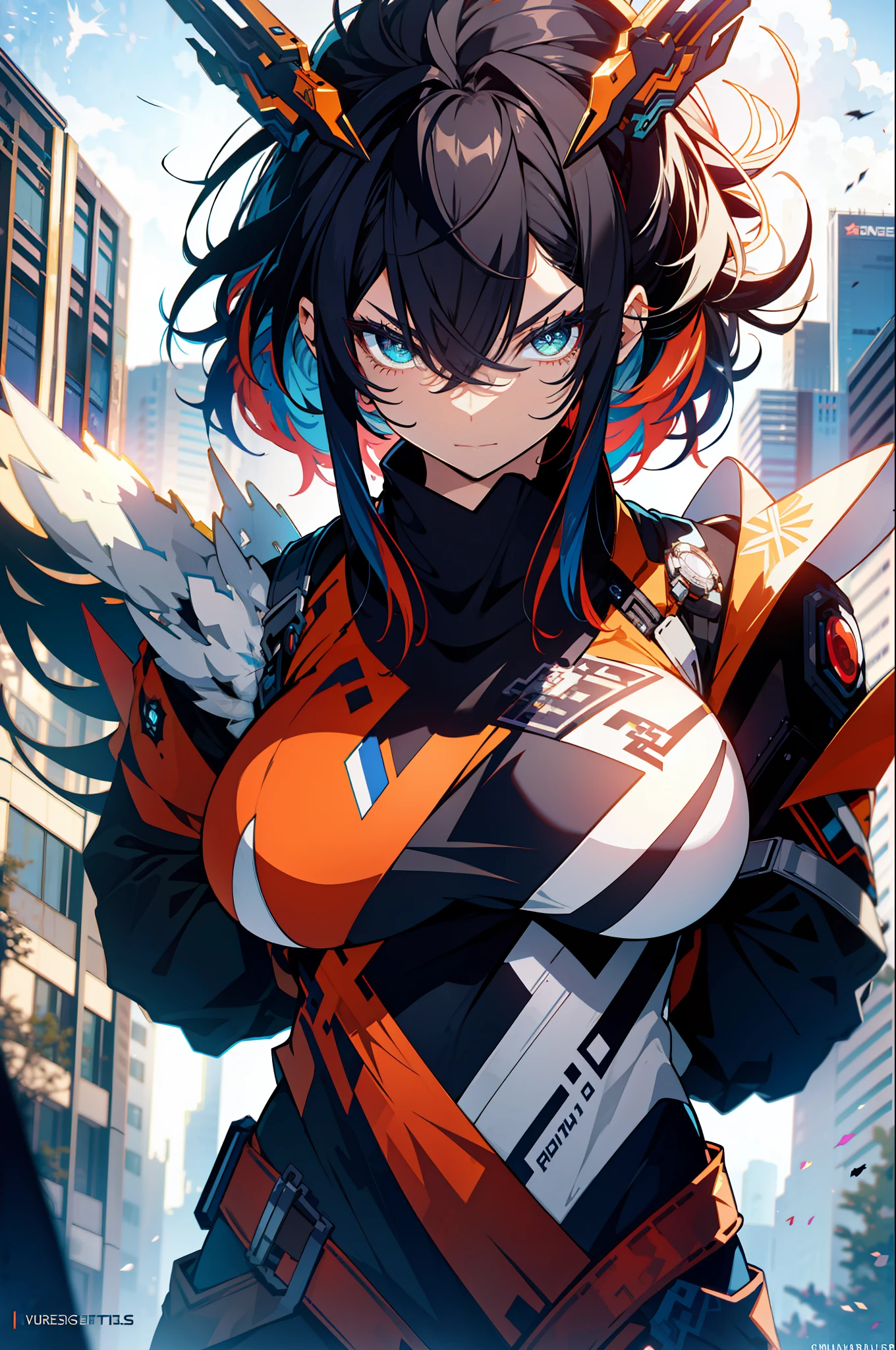 background, language_text, Japanese letters in graffit, girls, long black hair, excellent lighting, sidelighting, (), vhsKeeper,, style GUILTY GEAR -STRIVE perfect ultimate (flat color: 1.3), (magazine_cover: 1.4), (multicolored_background: 1.3), striped_background, card_background, :: comix style by joe madureira :: circular pieces of white metals glued to the ultra detailed arms coming out sparkling shine, , perfect and detailed, ultra detailed shirt with abstract design and  with print of Japanese letters in graffit of the sides of the clothes, image of girls with big breast, on top of a futuristic motorcycle, with immersive effects, hover effect, background graffiti style tribal tattoo with vibrant colors "HDR ultra" detailed and with focus effect, (masterpiece: 1.2, best quality), (beautiful eyes with huge eyelashes finely detailed: 1.2),  , ((Solo)), (Finely detailed eyes and detailed face :1.3), in various full-body attack poses, (cute background: 1.2),futuristic costume, super detailed circular metals Clinging to arms and pants, fantastic paintings