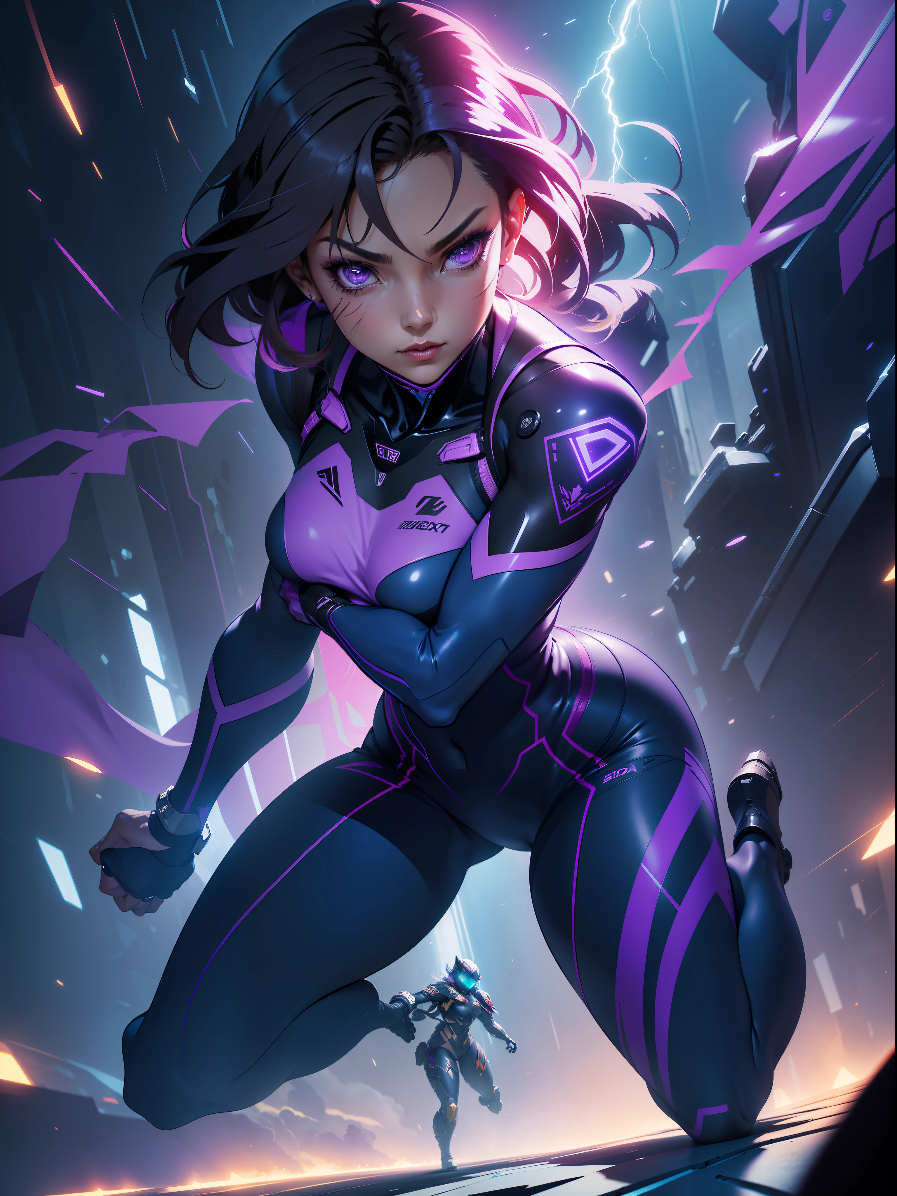 ((Best quality)), ((masterpiece)), (detailed: 1.4), (Absurd), paper, colorful line art, perfect face, Hot Latin woman fighter pilot ready for war, dark skin, lightning and lightning, defined muscular sculptural body, Wolverine mask, (((full body))), bare half-thick thighs, closed mouth, muscular body covered in purple tech clothing, Neon Genesis Evangelion style, cyberpunk, generous neckline, ((perfect small breasts)),  ((totally purple clothing with golden rays)), (((short dark purple straight hair)))), long black eyelashes heavy makeup, garter belt, niji --V5, close to real, psychopath, crazy face, sexy pose, red and white background, 2 pieces clothing, centered, scale to fit dimensions, HDR (High Dynamic Range),Ray Tracing,NVIDIA RTX,Super-Resolution,Unreal 5,Subsurface dispersion,  PBR Texture, Post-processing, Anisotropic filtering, Depth of field, Maximum clarity and sharpness, Multilayer textures, Albedo and specular maps, Surface shading, Accurate simulation of light-material interaction, Perfect proportions, Octane Render, Two-tone lighting, Wide aperture, Low ISO, White balance, Rule of thirds, 8K RAW, crysisnanosuit