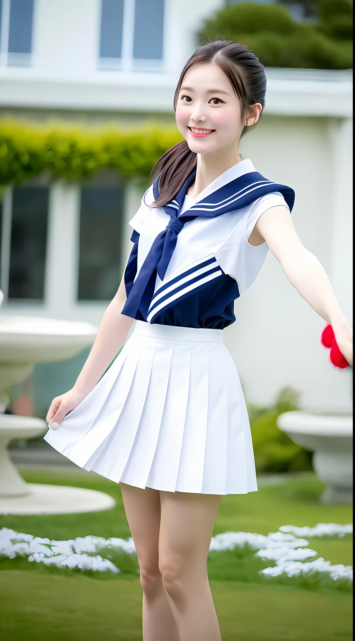 Realistic photos of shoulder length hair, ponytail, thin makeup, (small), fountain, clear facial features, 8K high resolution, sharp and realistic details, full body, high school uniform, white skin, white sailor suit, mini skirt, pleated skirt, f/4.0, 135mm, Fujifilm, jpeg artifact, dithering, UHD, masterpiece, wind, cherry, blur, ( skirt lift), pinch the hem of the skirt with your hands, pull it cutely upwards,