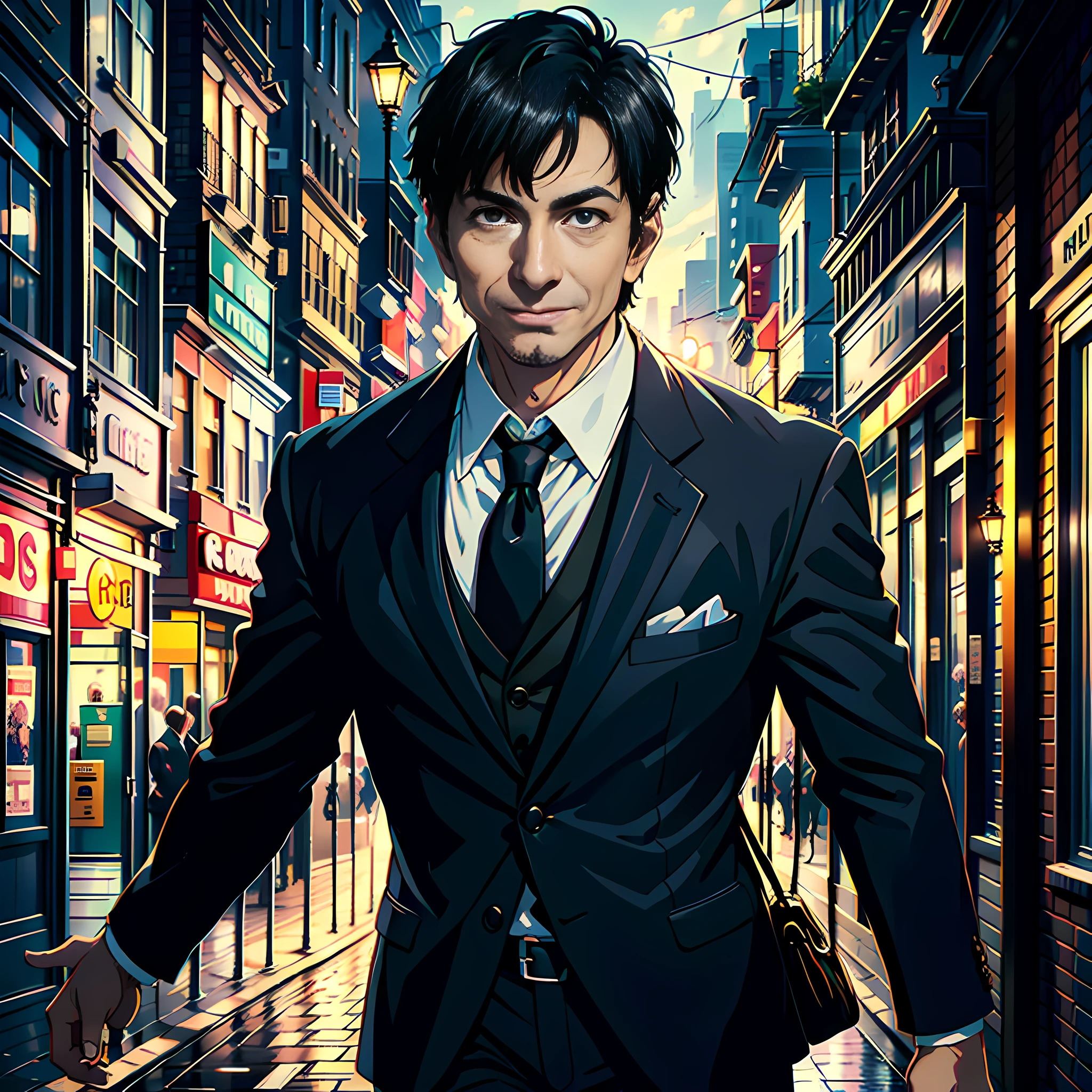 On the street, a middle-aged man with a face super detailed, wearing a suit, short black hair, black eyes, smiling, super high detail, highly detailed, highly real, 4K, chiaroscuro, super detail