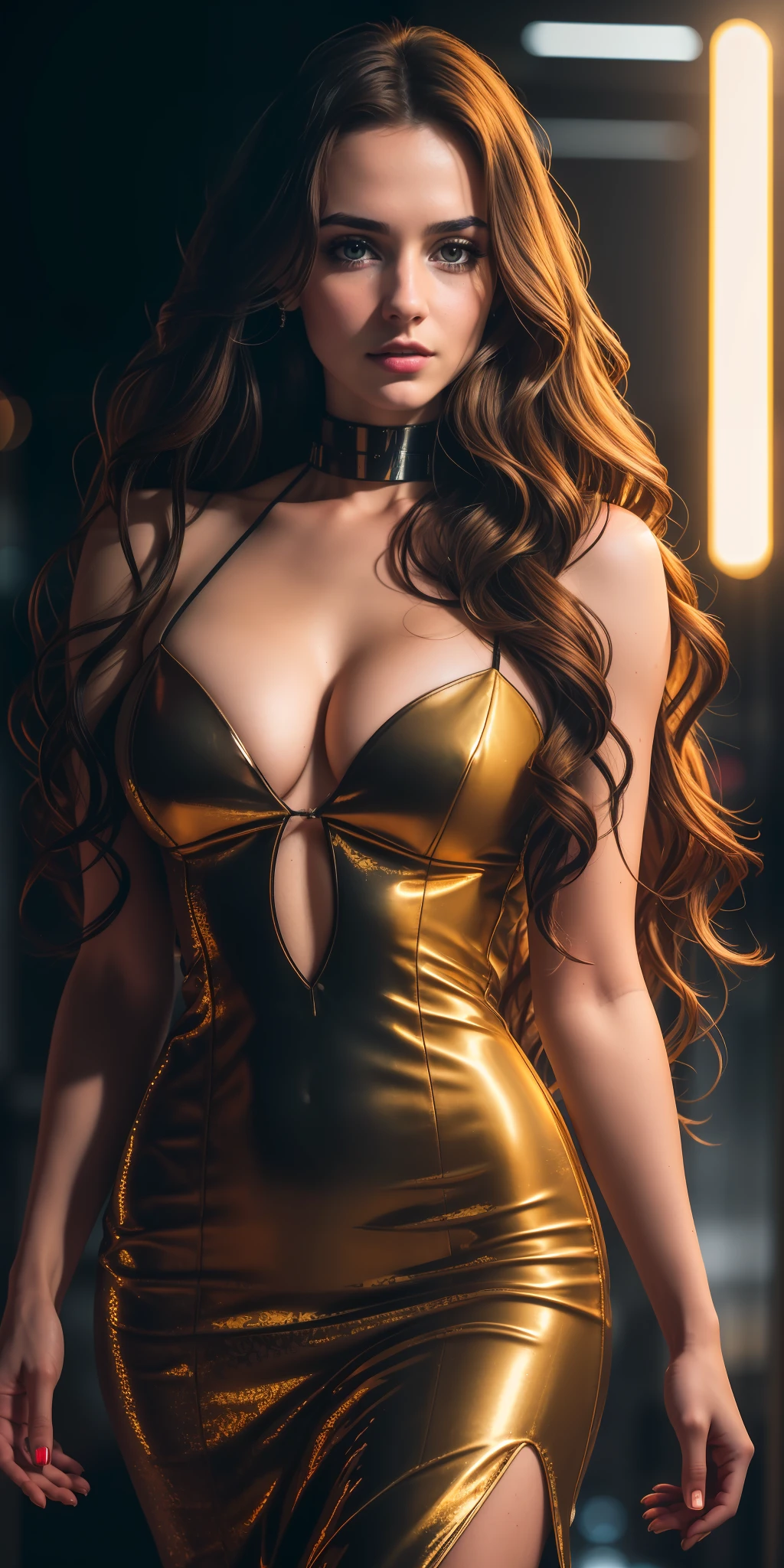 photo of a 25 years old european girl, RAW, beautiful woman, (extra long wavy brown hair), ((portrait)), ((detailed face:1.2)), ((detailed facial features)), (finely detailed skin), pale skin, (high detailed deep cleavage cyberpunk steel dress), cyberpunk megacity environment, (cold colors), damp, moist, reflections, (masterpiece) (perfect proportion)(realistic photo)(best quality) (detailed) photographed on a Canon EOS R5, 50mm lens, F/2.8, HDR, (8k) (wallpaper) (cinematic lighting) (dramatic lighting) (sharp focus) (intricate)
