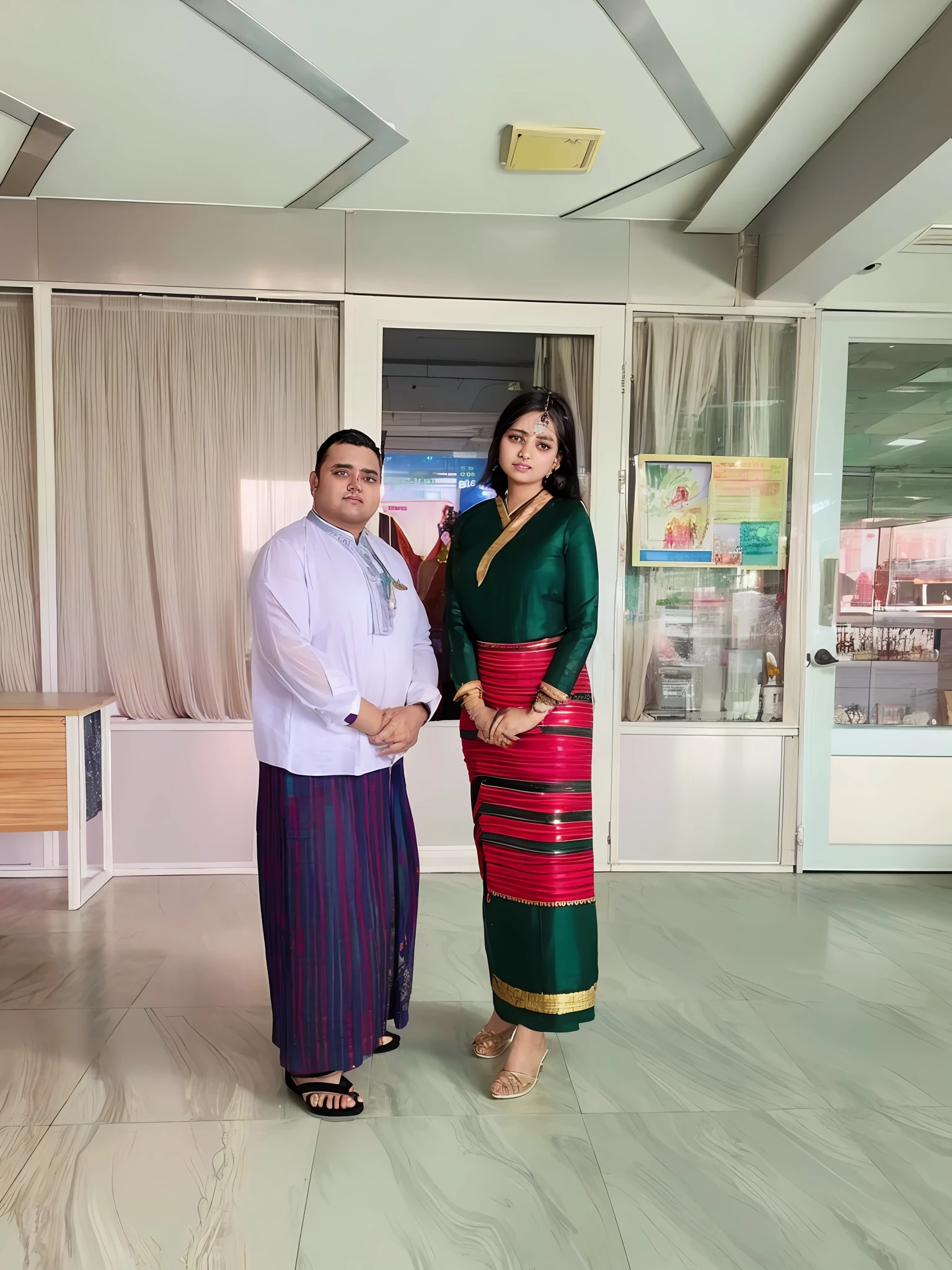 there are one indian chubby guy on the left side and gorgeous lady standing, in office, wearing burmese traditional dresses, very clear picture,exclusive, masterpiece, highly detailed --auto --s2