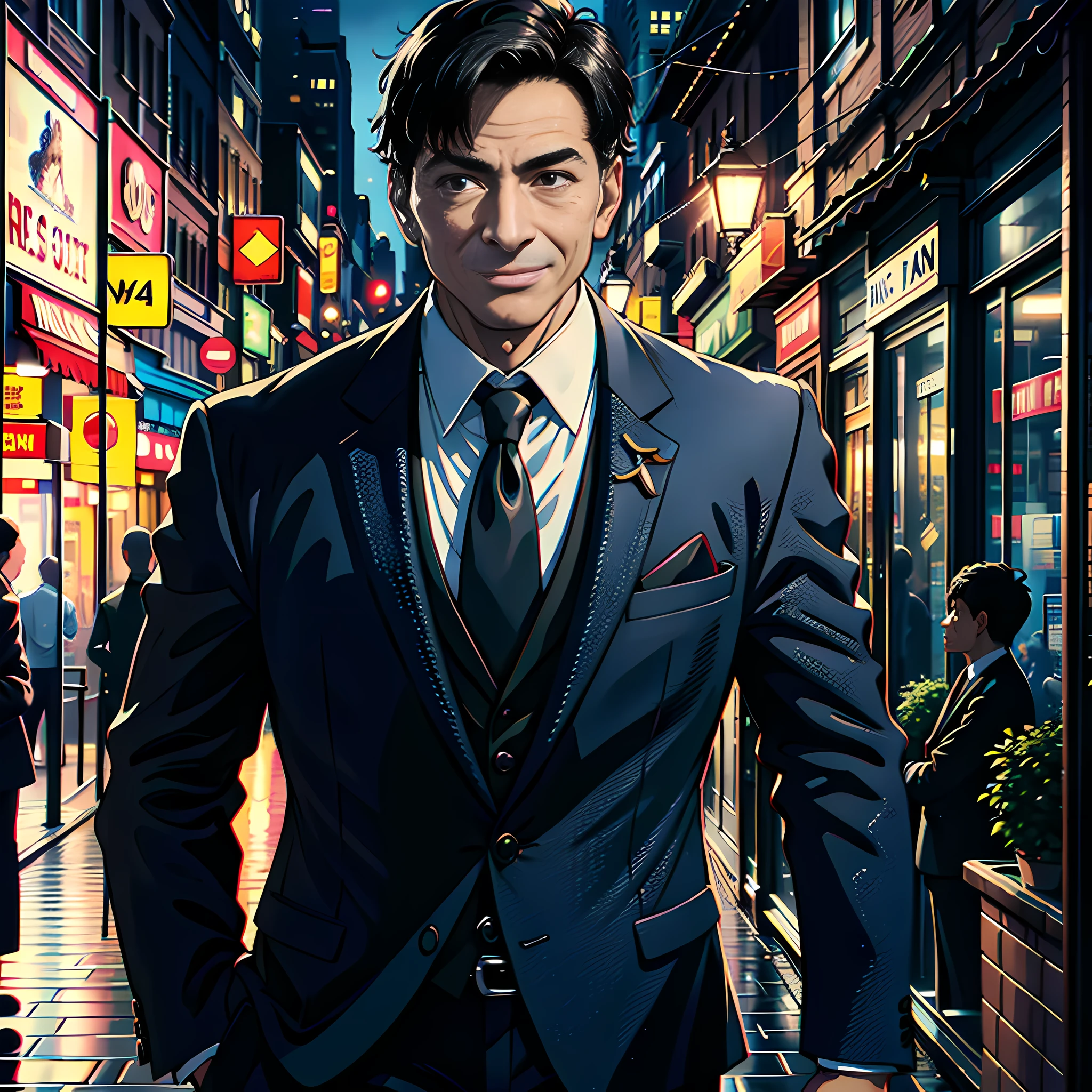 On the street, a middle-aged man with a face super detailed, wearing a suit, short black hair, black eyes, smiling, super high detail, highly detailed, highly real, 4K, chiaroscuro, super detail