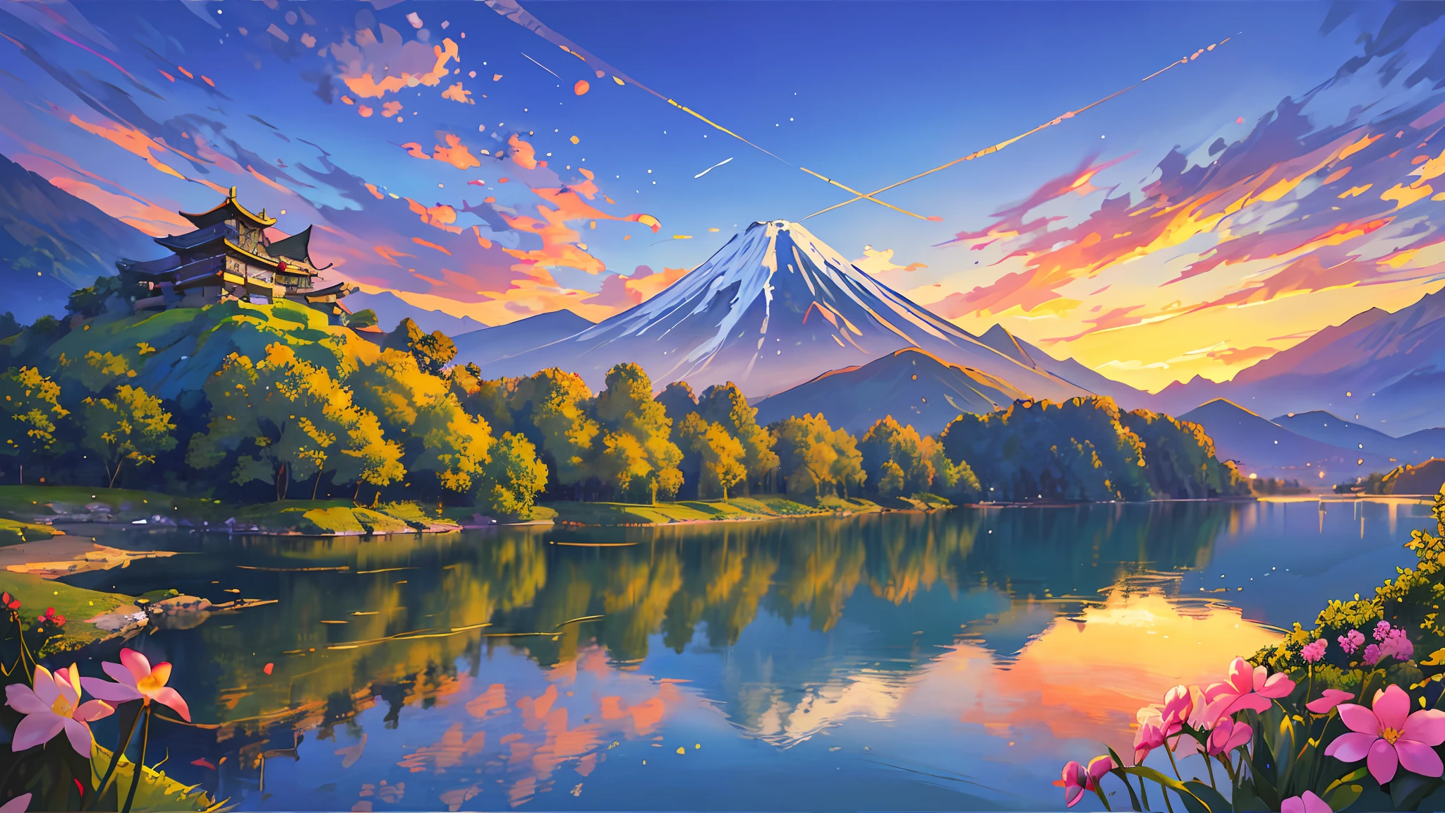 best quality, masterpiece, very detailed, detailed background, detailed eyes, anime, 1girl, beautiful eyes, young girl, rapunzel girl, expressive face, kimono, retro, mt. Fuji lansdscape, (cave exit of the scenery), sunset, beautiful sky, lake picnic, landscape, landscape, horizon, mountain sitting near the mountain, wind, petals, spring, looking far away, atmospheric lighting, reflection, naturalism, detail, realism. Relax, Beauty, Single Focus, Close Up, From Side, Depth of Field, Bokeh