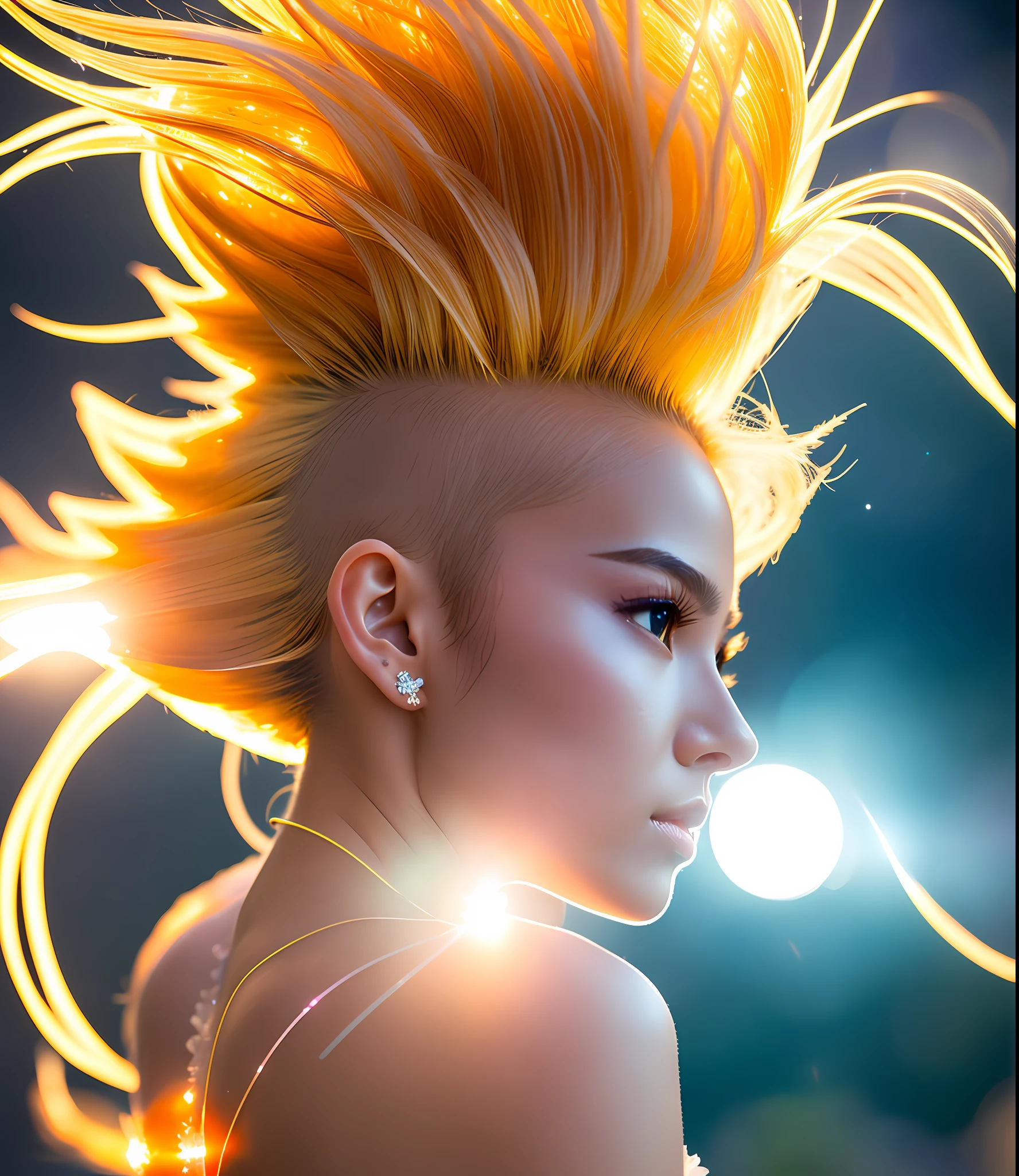 Super Saiyan, Ultra High Precision, Super Detail, Depth of Field, Full Body, Lens Aperture, Charming Styling, Masterpiece, Extremely Fine and Beautiful, Floating Hair, Beautiful Delicate Black Eyes, Bioluminescence, Crystallization, Light Flow, Transparent Light, Detailed Golden Lightning, Crystalline Body, Best Quality, Best Quality, Dreamy, Close Up, Glow Fluorescence, --q 5 --niji 5