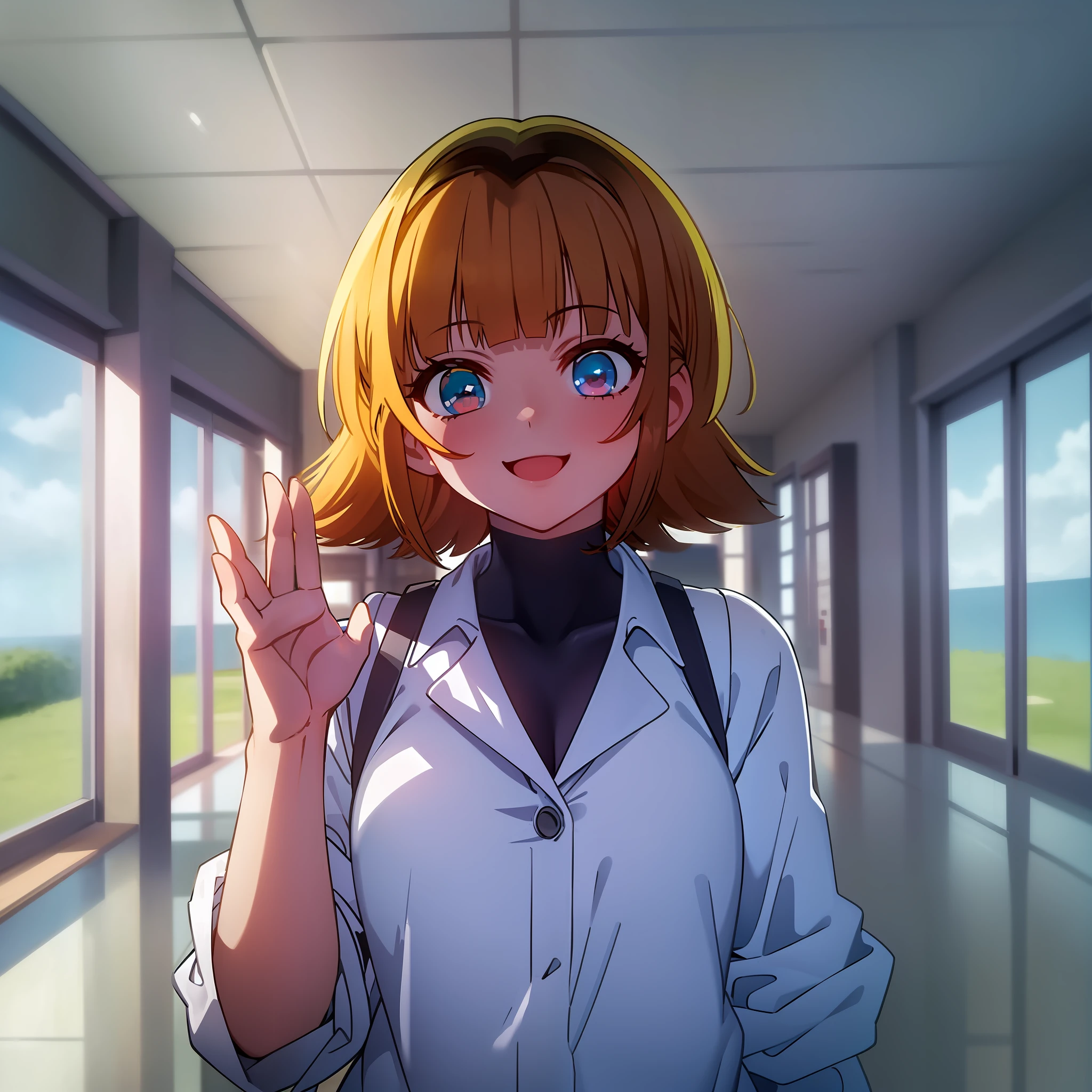 Swimsuit, comb up, incendiary composition, three-point perspective
1 Girl, Solo, White Collar Shirt, Smiling, Simple Background, Anatomy, Watching, Sologue, Waving (Masterpiece, Best Quality, High Definition), Guessing Child, MEM,