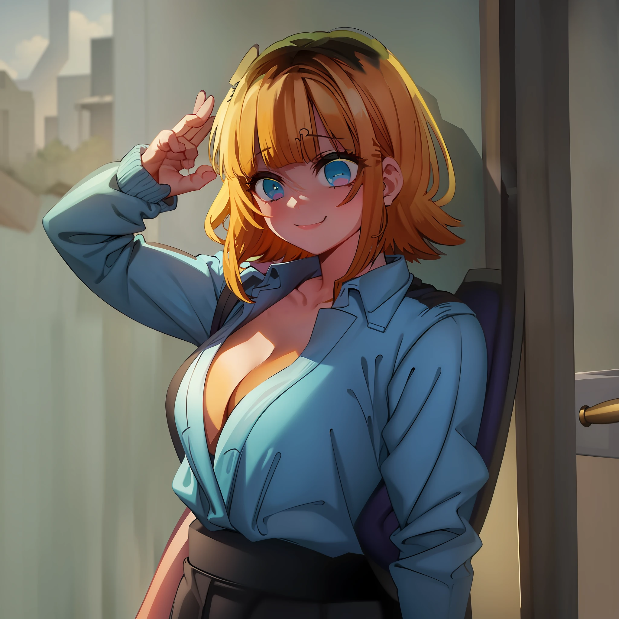 Slouch, cleavage 1 girl, solo, white collar shirt, smile, simple background, anatomy, viewer, soliloquy, waving (masterpiece, best quality, high definition), pusher, MEM