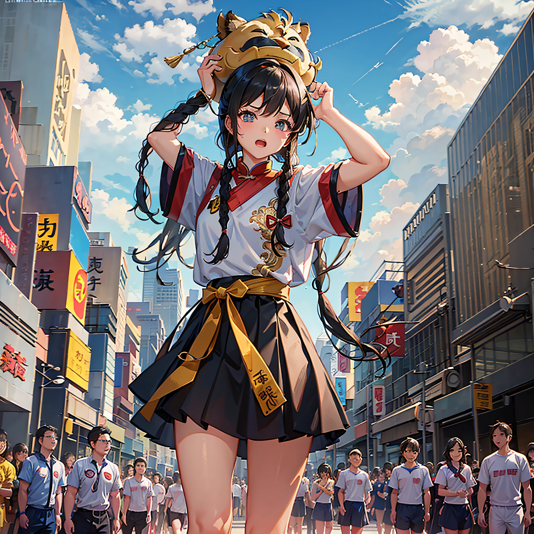 In the wide playground, Cai Bu Nian (the ) bites her hair and braids, struggling to lift the stone lion high above her head, next to the cheering crowd. --auto --s2