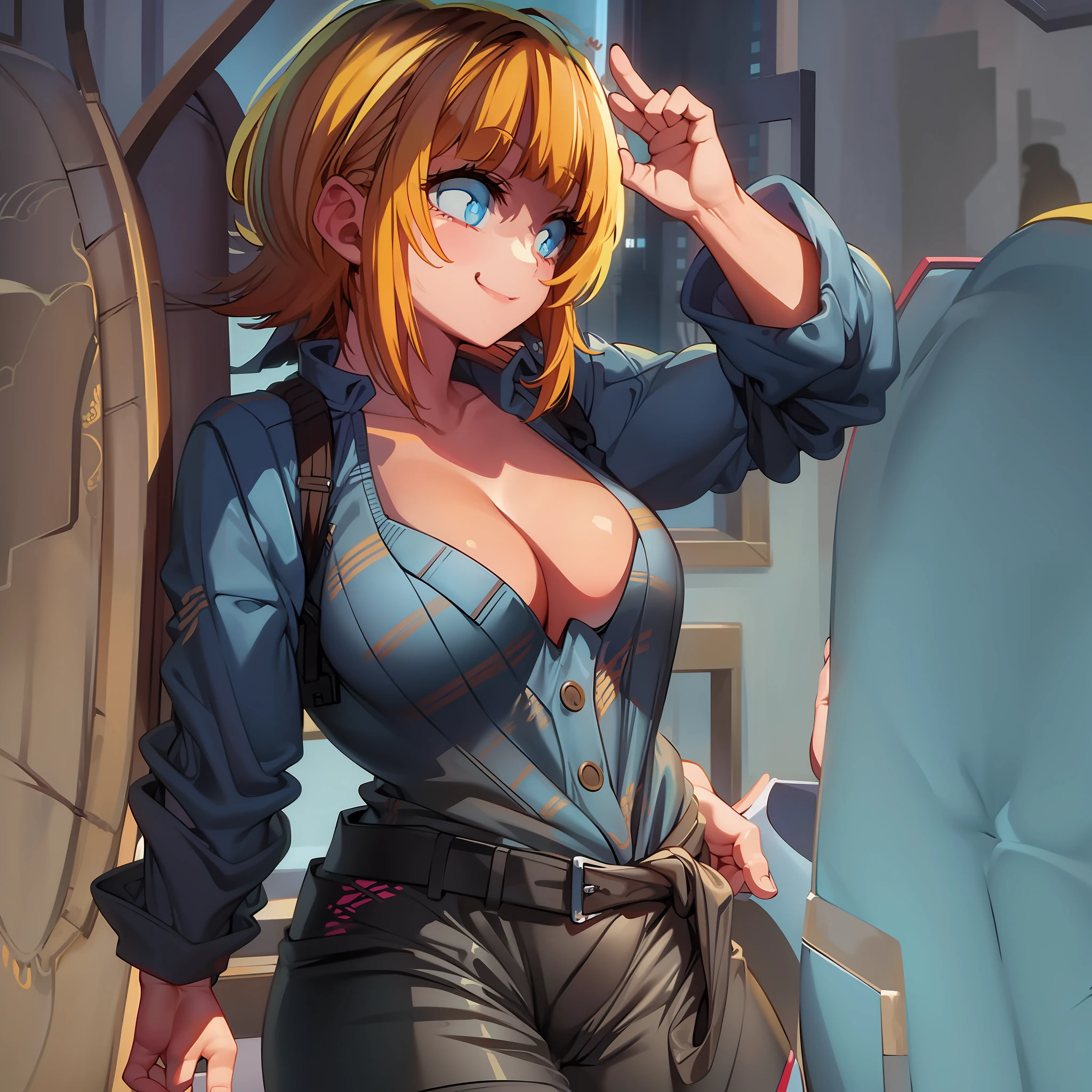 Slouch, Cleavage, Colossal, 1 Girl, Solo, White Collar Shirt, Smile, Simple Background, Anatomy, Beholder, Self-Righteous, Waving (Masterpiece, Best Quality, High Definition), Favorite Child, MEM