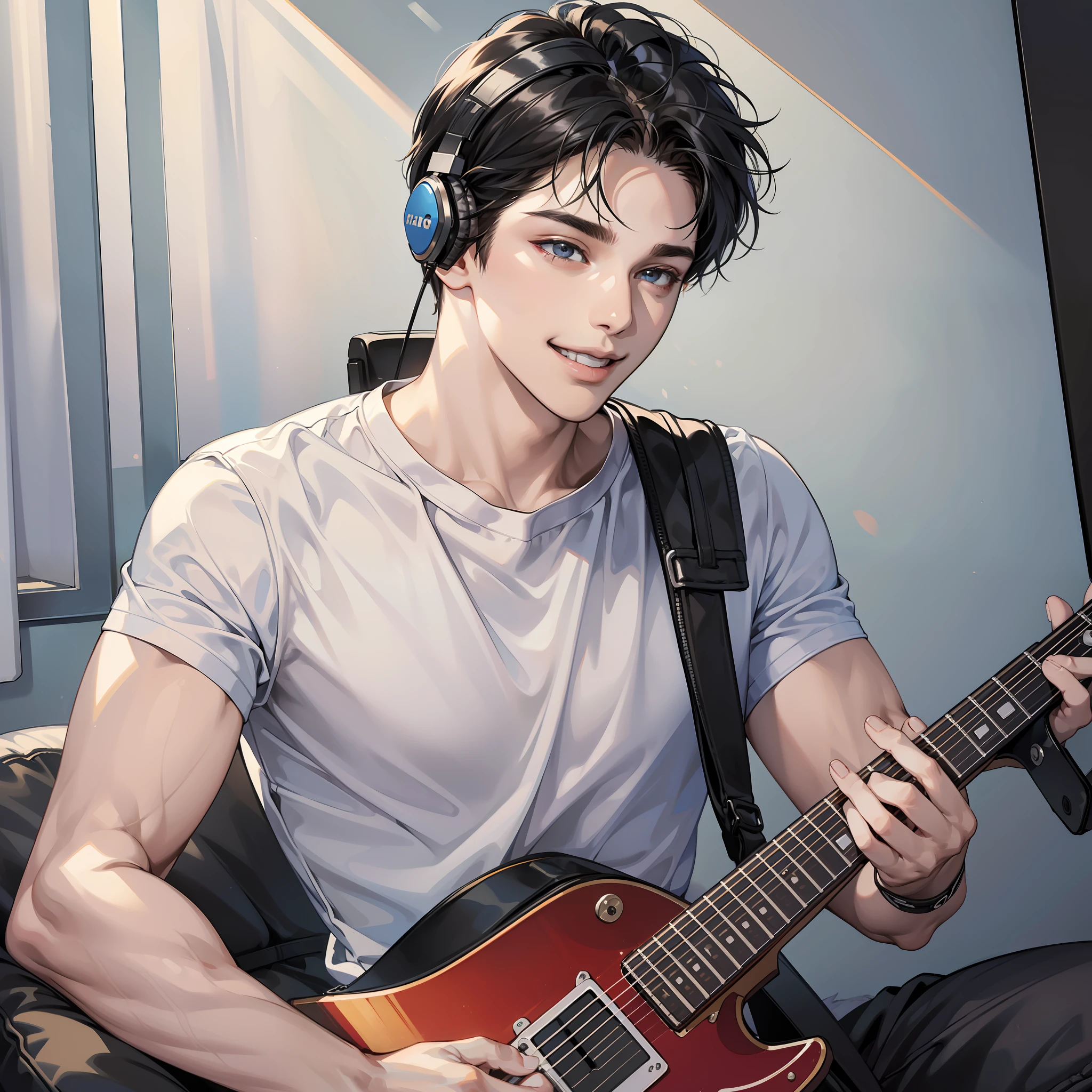 Masterpiece, high quality, best quality, HD, realistic, perfect lighting, detailed face, detailed body, 1 man, short black hair, white t-shirt, (smile expression: 1.5) (face smile: 1.5), wearing headphones, sitting in front of computer screen, holding guitar, soulful singing, microphone, room