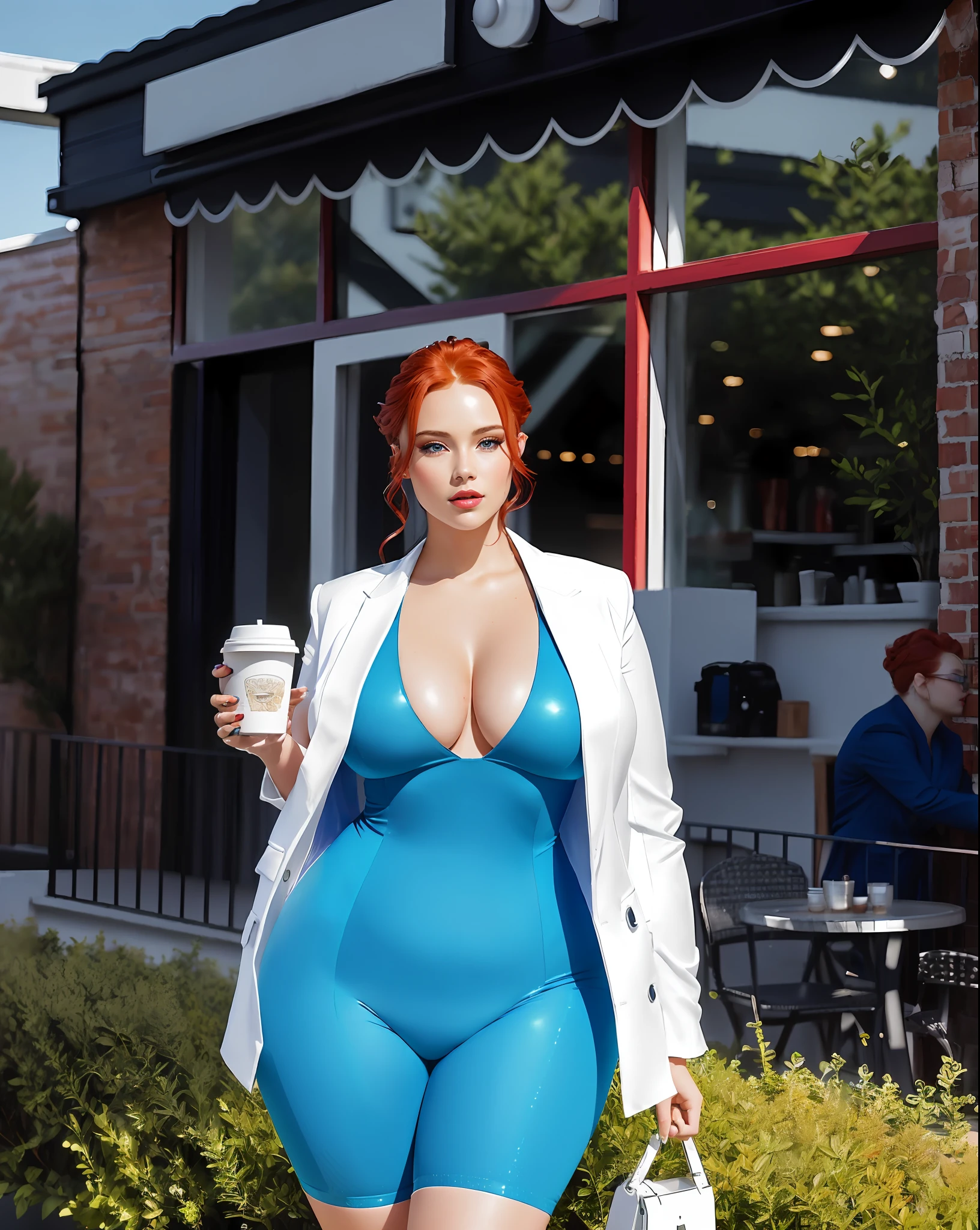 Beautiful red-haired woman in a blue suit walking on a sidewalk, with a coffee in her hand, Thicc, blue outfit, tight suit, dressed in blue, blue jumpsuit, tight attire, tight outfit, full body suit, full body length, on a bright day, blue suit, cute girl in sleeveless suit, red hair taken,  thicc, beautiful thick, curvy woman, a beautiful woman, curvy model, very curvy, very curvy, wet skin, wet skin, oiled skin, thick Thigs, Big Booty, Very wide hips, very thin waist, sensual posture, very white skin, very combed hair, symmetrical eyes, beautiful eyes, very sensual look, very thin waist, (((red hair))), (((very small breasts, cleavage))), ((thick thighs, hourglass figure)),  (topless), (((nipple 1.8)))), ((thick red lips), ((blue eyes)), ((red hair)) photorealistic, photo, masterpiece, realistic, realism, photorealism, photorealism, high contrast, photorealistic, photorealistic digital art trend on Artstation 8k HD HD high definition realistic detail, detailed, skin texture, hyper detailed, realistic skin texture, best quality, ultra high resolution (photorealistic: 1.4), high resolution,  detailed, raw photo, sharp re, by Lee Jeffries Nikon D850 film Stock Photography 4 Kodak Portra 400 camera F1.6 lens rich colors realistic texture hyper-realistic dramatic lightingEngine trend in ArtStation CineStill 800,