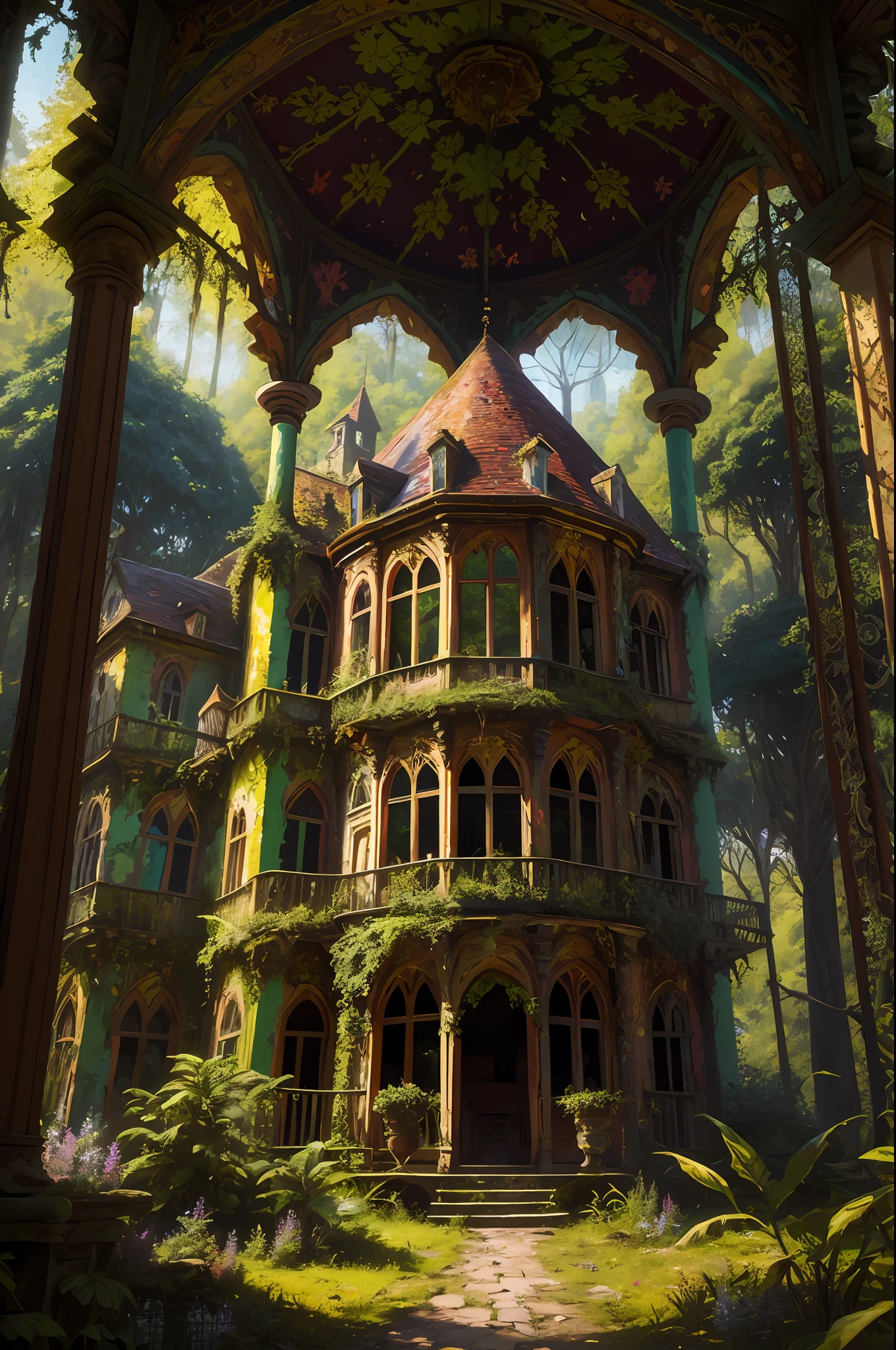 old painting style, abandoned overgrown castle mansion in a forest, oversaturated, princess tower, gazebo, balcony, colorful, highly detailed, high resolution, ray tracing reflections, dramatic lighting, 8k vibrant colors, detailed acrylic, intricate complexity, soft natural volumetric cinematic perfect light, oil painting