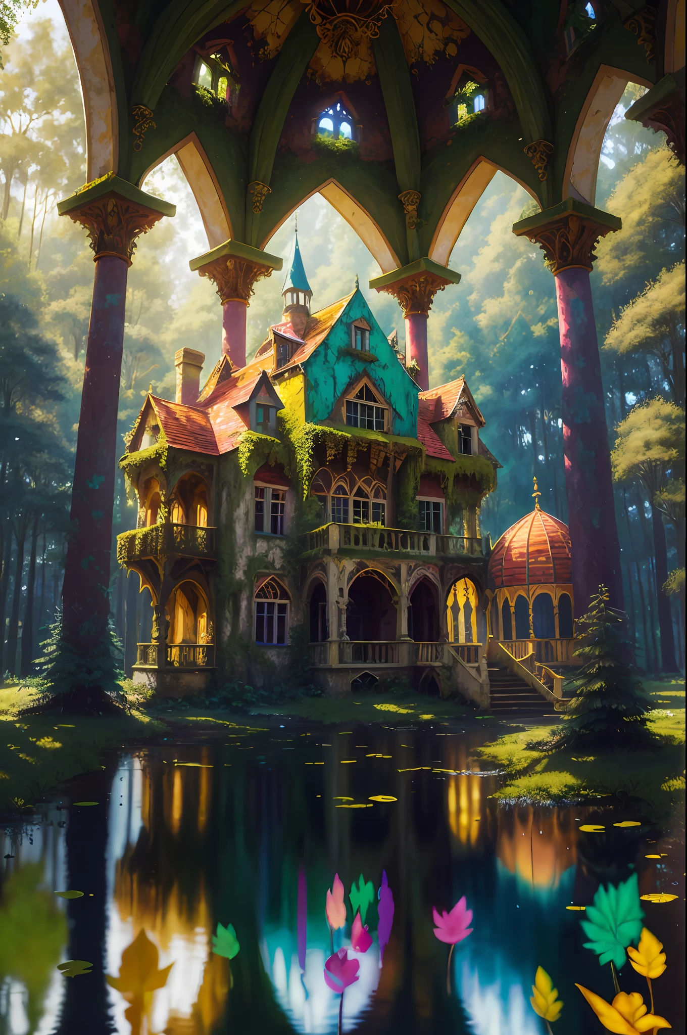old painting style, abandoned overgrown castle mansion in a forest, oversaturated, princess tower, gazebo, balcony, colorful, highly detailed, high resolution, ray tracing reflections, dramatic lighting, 8k vibrant colors, detailed acrylic, intricate complexity, soft natural volumetric cinematic perfect light, oil painting