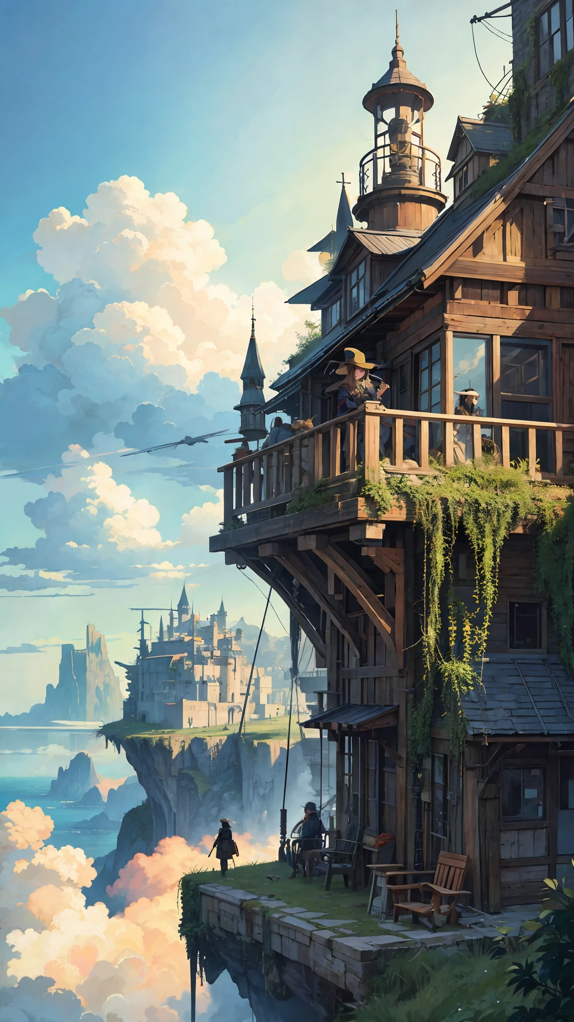 (best quality), ((masterpiece)), (highres), illustration, original, extremely detailed wallpaper, cloud, scenery, sky, outdoors, mountain, tree, landscape, fantasy, aircraft, smoke, 1girl, day, house, airship, tower, ground vehicle, building, windmill, grass, 1boy, blue sky, no humans, solo, chimney, nature, hill, plant, motor vehicle, hat, goggles, weapon, cloudy sky, robot, cliff, bird, train, city, ruins, short hair, floating island, flag, sign, steampunk, science fiction, long hair, stairs, bridge, brown hair, flying, town, watercraft, gun, dragon, power lines, sun, sitting, clothesline, multiple boys, forest, steam, signature, road, ladder, standing, overgrown, sword, cannon, ship, window, flower, cityscape, green theme, cat, multiple girls, water, airplane, black hair, lantern, mecha, crane (machine), ocean, castle, dog, clock, mountainous horizon, sunset, creature, smoking, machinery, animal, goggles on head, horizon, bush, 2girls, industrial pipe, radio antenna, dress