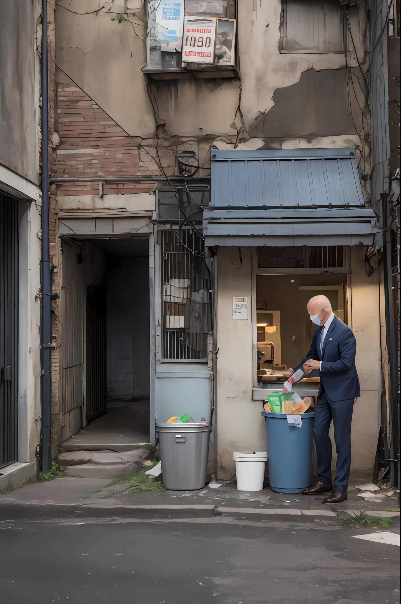 joe Biden president searching for food in a trash can, dirty back alley, realistic, 8k, photography --auto --s2