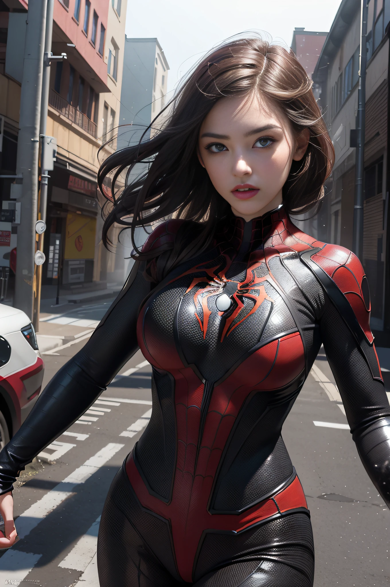 (1girl:1.3), solo, (((extremely detailed face))),(((extremely detailed eyes and face))),beautiful detailed eyes,body-parts__, official art, unified 8k wallpaper, super detailed, beautiful and aesthetic, beautiful, masterpiece, best quality, raw, masterpiece, super fine photo, best quality, super high resolution, photorealistic realism, sunlight, full body portrait, amazing beauty,, dynamic pose, delicate face, vibrant eyes, (from the front), she is wearing a Spider-man suit, red and black color scheme, spider, very detailed abandoned warehouse background, Detailed face, detailed complex busy background, messy, gorgeous, milky white, highly detailed skin, realistic skin details, visible pores, sharp focus, volumetric fog, 8k uhd, DSLR, high quality, film grain, fair skin, photo realism, lomography, huge metropolis in future dystopia, seen from below, translucent