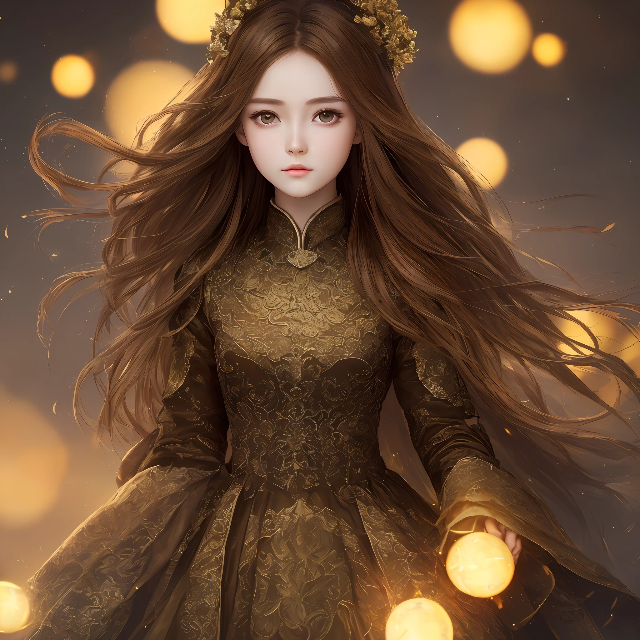 ((Night, Real Light, Top Quality, 8k, Masterpiece: 1.3)), Beautiful Girl: 1.4, (Brown Hair, Colossal: 1.3), Detailed Face, Detailed Eyes, China dress
