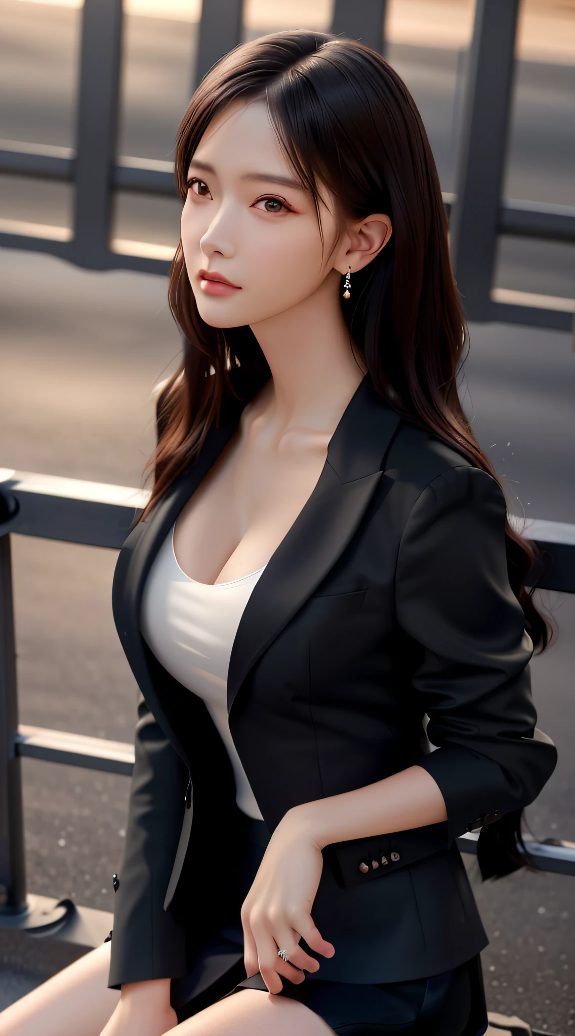 best quality, masterpiece, 1girl, Beautiful face, (photo realistic:1.3), rim lighting, (high detailed skin:1.2), 8k uhd, dslr, high quality, high resolution, 4k, 8k, Bokeh, absurdres, best ratio four finger and one thumb, (realistic:1.3), cute 1girl, wearing black formal blazer, medium breasts, short skirt,