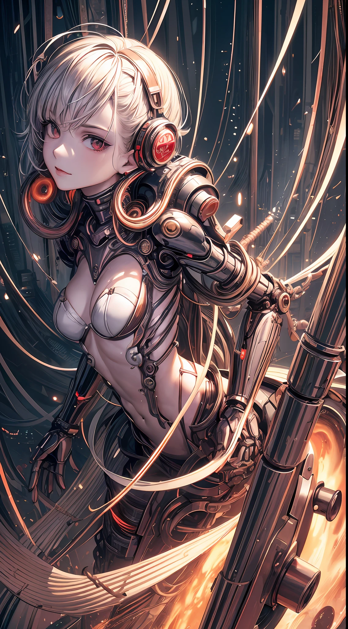 (((Masterpiece))), ((Best Quality)), (Super Detail), (CG Illustration), (Very Evil and Beautiful)), Cinematic Light, ((1 Mechanical Girl)), Single, (Mechanical Art: 1.4), ((Mechanical limb)), (Blood vessel attached to a tube), ((Mechanical spine attached to the back)), ((Mechanical cervical vertebrae attached to the neck), (Back to the viewer)), expressionless, ( Wires and cables attached to the head and body: 1.5), Science Fiction, Apocalypse, Ruins, (Lower Body Integrated with Mechanical Devices), (Blood: 1.5), Cruelty, Absurdity, Eroticism, Fusion with Machines, Doomsday Time, Super Future, Inorganic, Laboratory, Restraint, (Beautiful Indulgence: 1.2), (1 Girl: 1.3), Body Wrapped Around Mechanical Tentacles