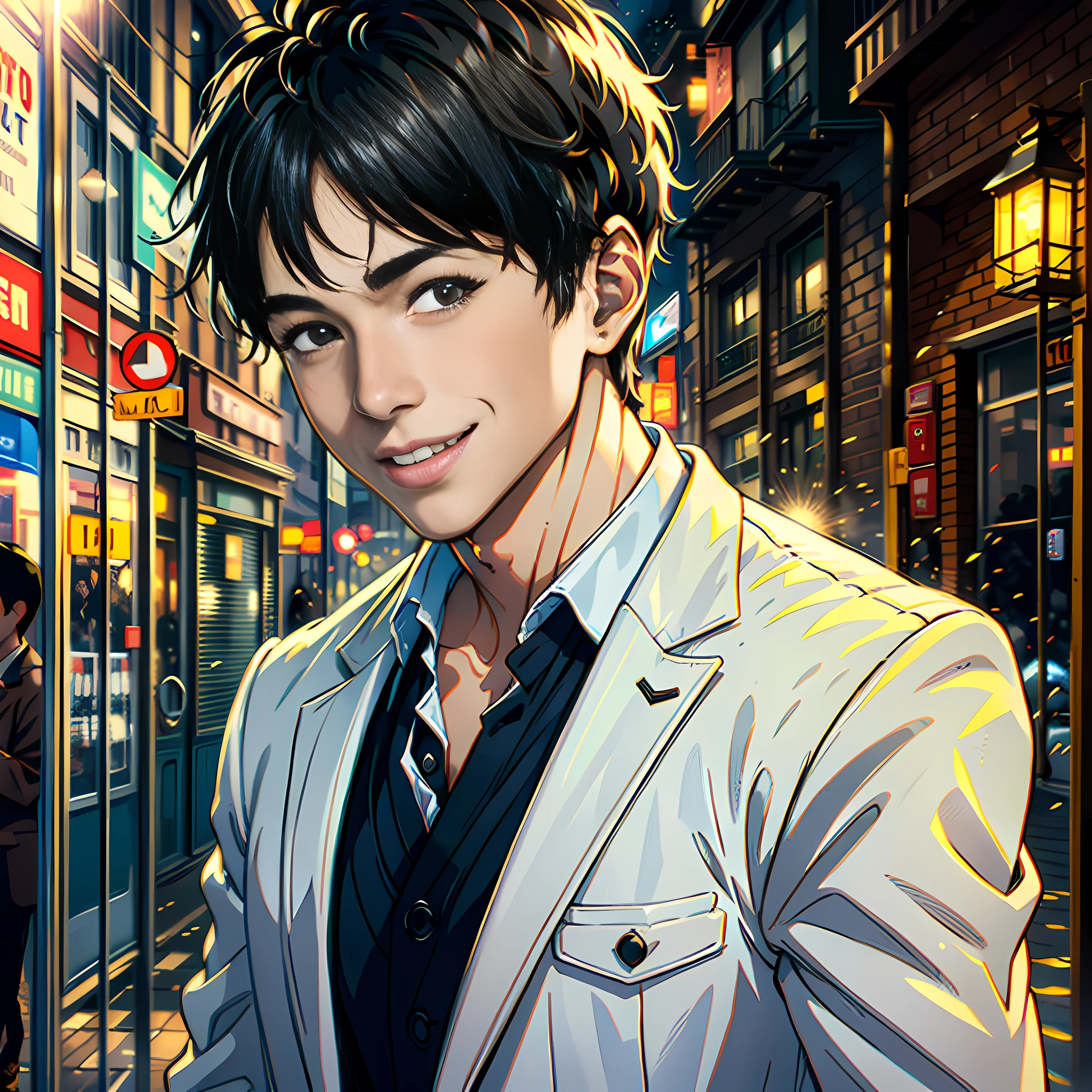 On the street, a handsome boy with a smile, white sports coat, short black hair, super high detail, high real, 4K, chiaroscuro, super detail