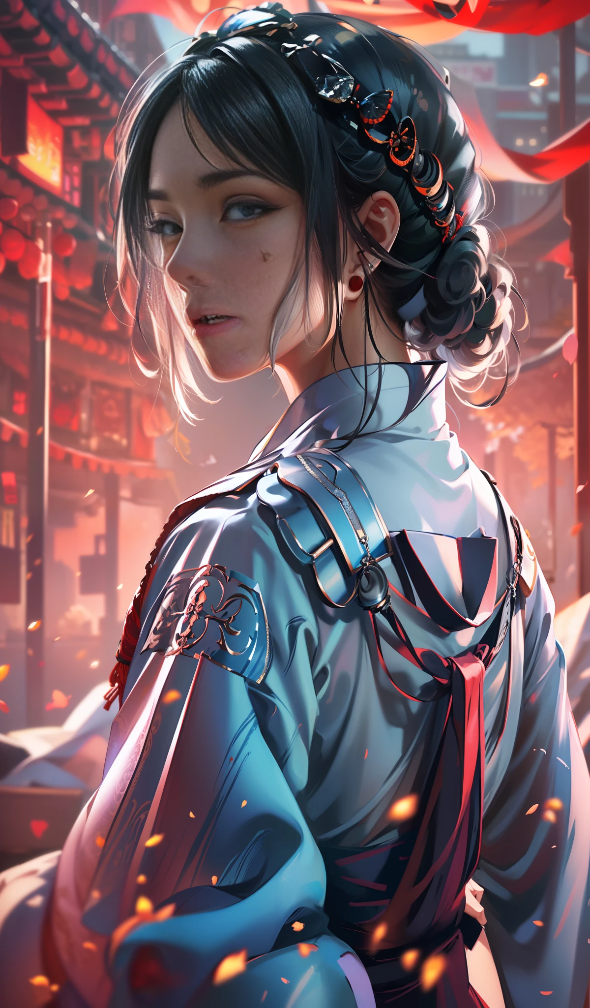 (背景古建筑,暗色主轴,masterpiece,high quality,ultra-detailed CG illustration),一名着汉服或者类似服饰的男子,(clothing design: 1.3),(facial expression: 1.2),(view angle: long shot+close-up+medium shot), (lighting:unique and atmospheric), (depth of field:1.2), (resolution:high), (image restoration degree: high)