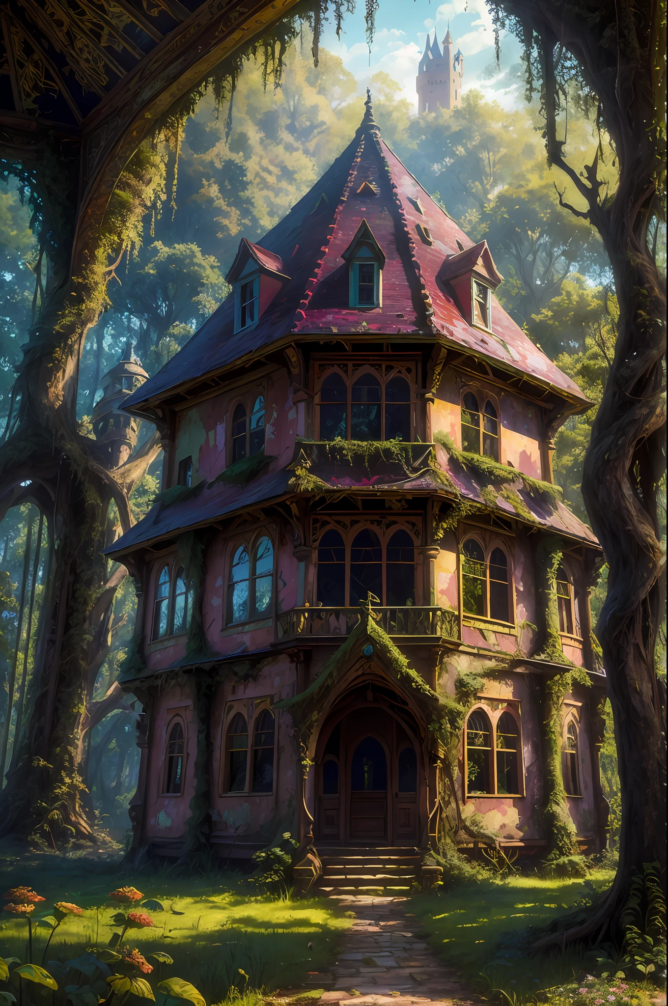 old painting style, abandoned overgrown castle mansion in a forest, oversaturated, princess tower, gazebo, balcony, colorful, highly detailed, high resolution, ray tracing reflections, dramatic lighting, 8k vibrant colors, detailed acrylic, intricate complexity, soft natural volumetric cinematic perfect light, oil painting