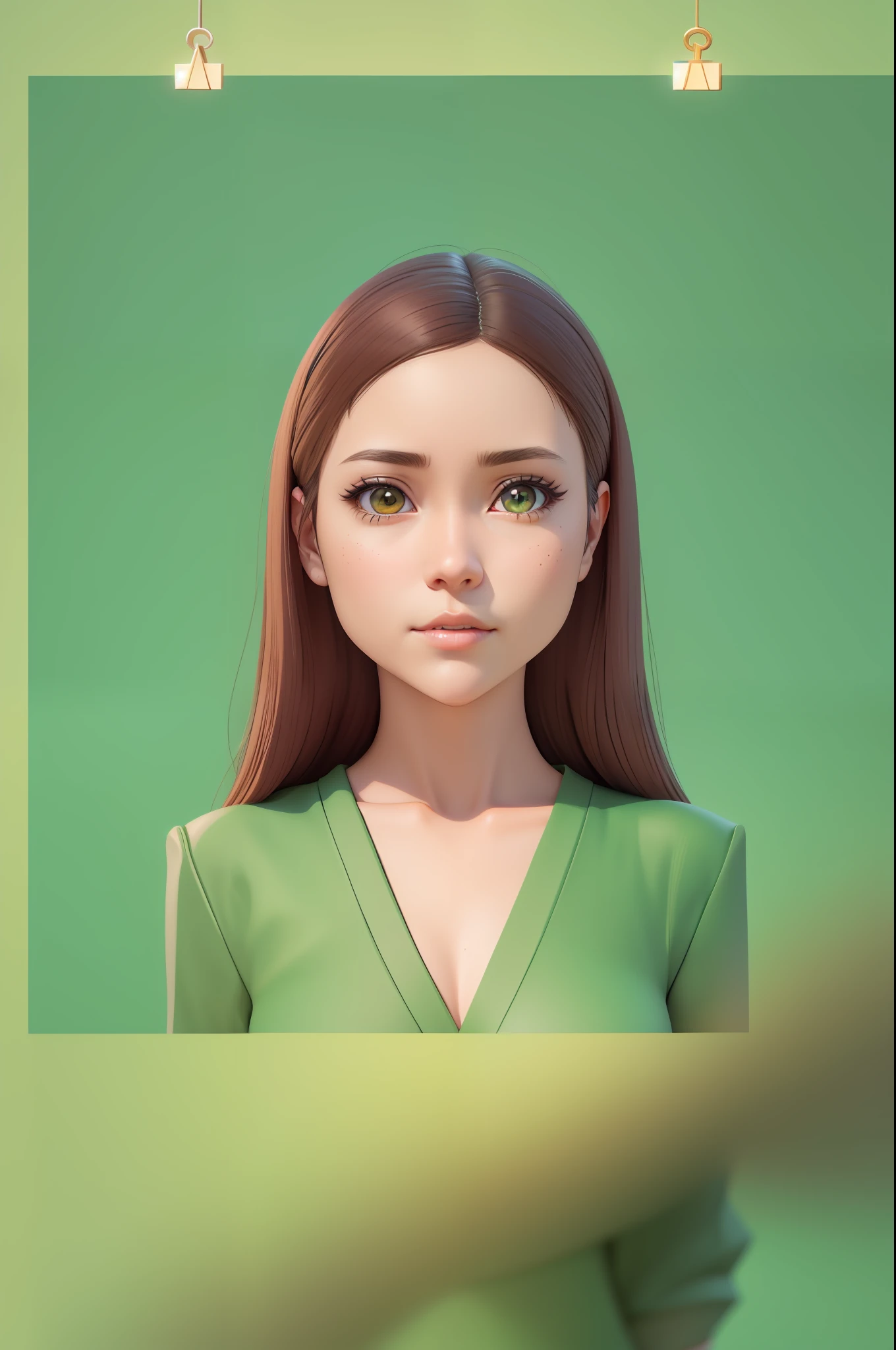 There is a 30 year old woman in light green top, big brown eyes, anime style 3D, beautiful 3D anime girl rendering, highly detailed characters, stylized anime, 3d anime girl, anime highly detailed, realistic anime girl rendering, realistic anime 3d style, detailed portrait of anime girl, 8K high quality detail art, 8K portrait rendering