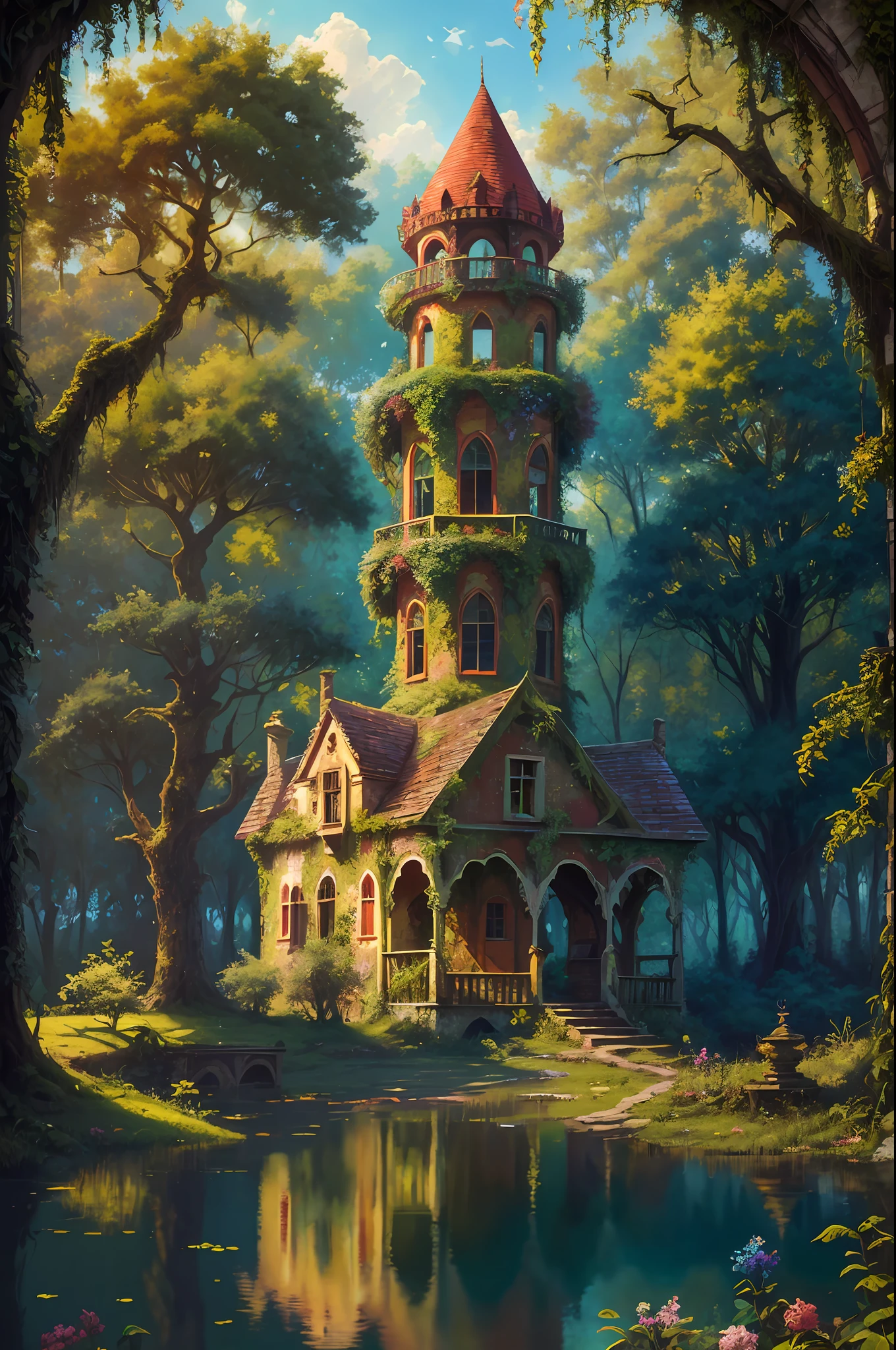 old painting style, abandoned overgrown castle mansion in a forest, oversaturated, princess tower, gazebo, balcony, colorful, highly detailed, high resolution, ray tracing reflections, dramatic lighting, 8k vibrant colors, detailed acrylic, intricate complexity, soft natural volumetric cinematic perfect light, oil painting