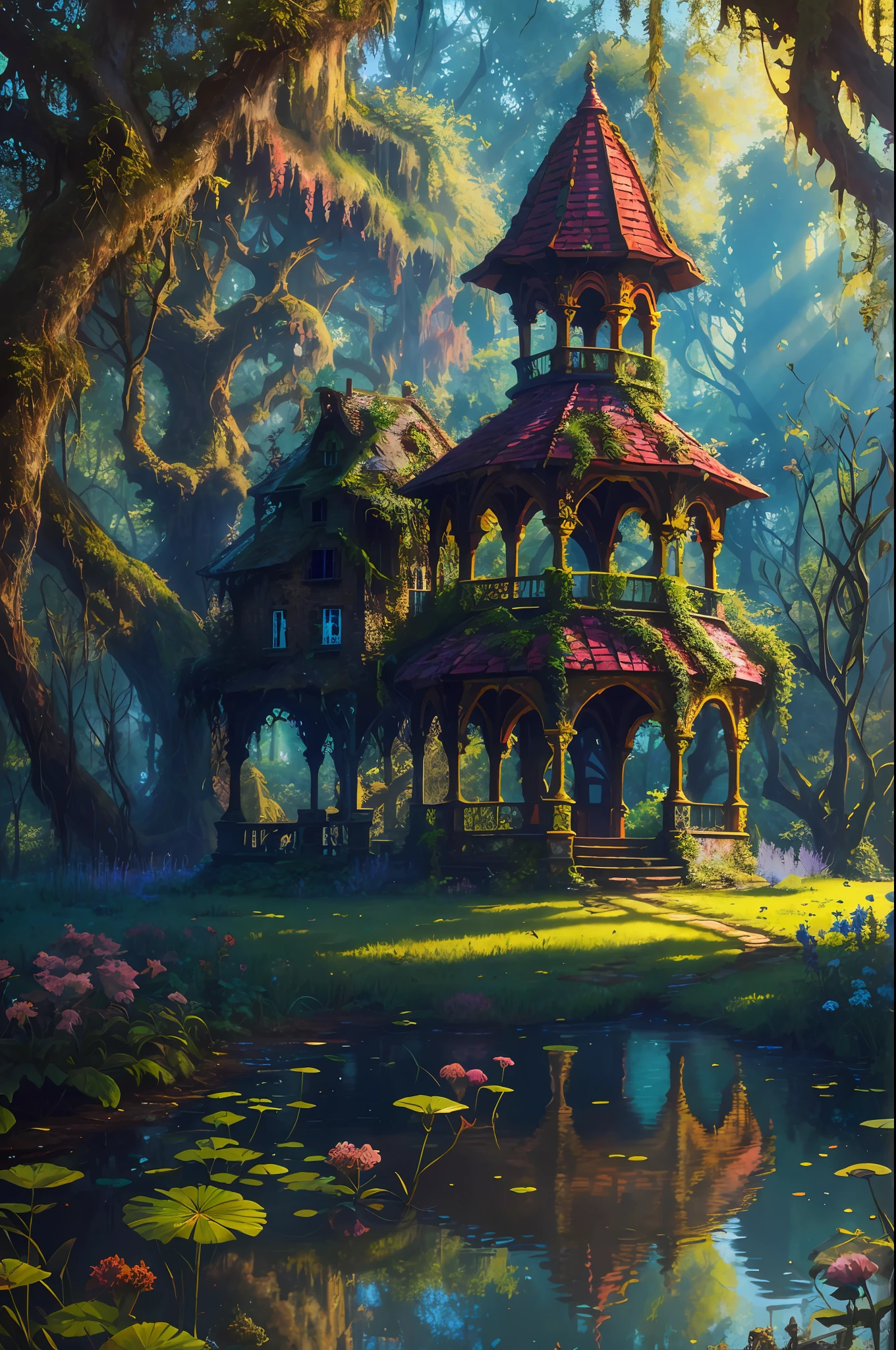 old painting style, abandoned overgrown castle mansion in a forest, oversaturated, princess tower, gazebo, balcony, colorful, highly detailed, high resolution, ray tracing reflections, dramatic lighting, 8k vibrant colors, detailed acrylic, intricate complexity, soft natural volumetric cinematic perfect light, oil painting